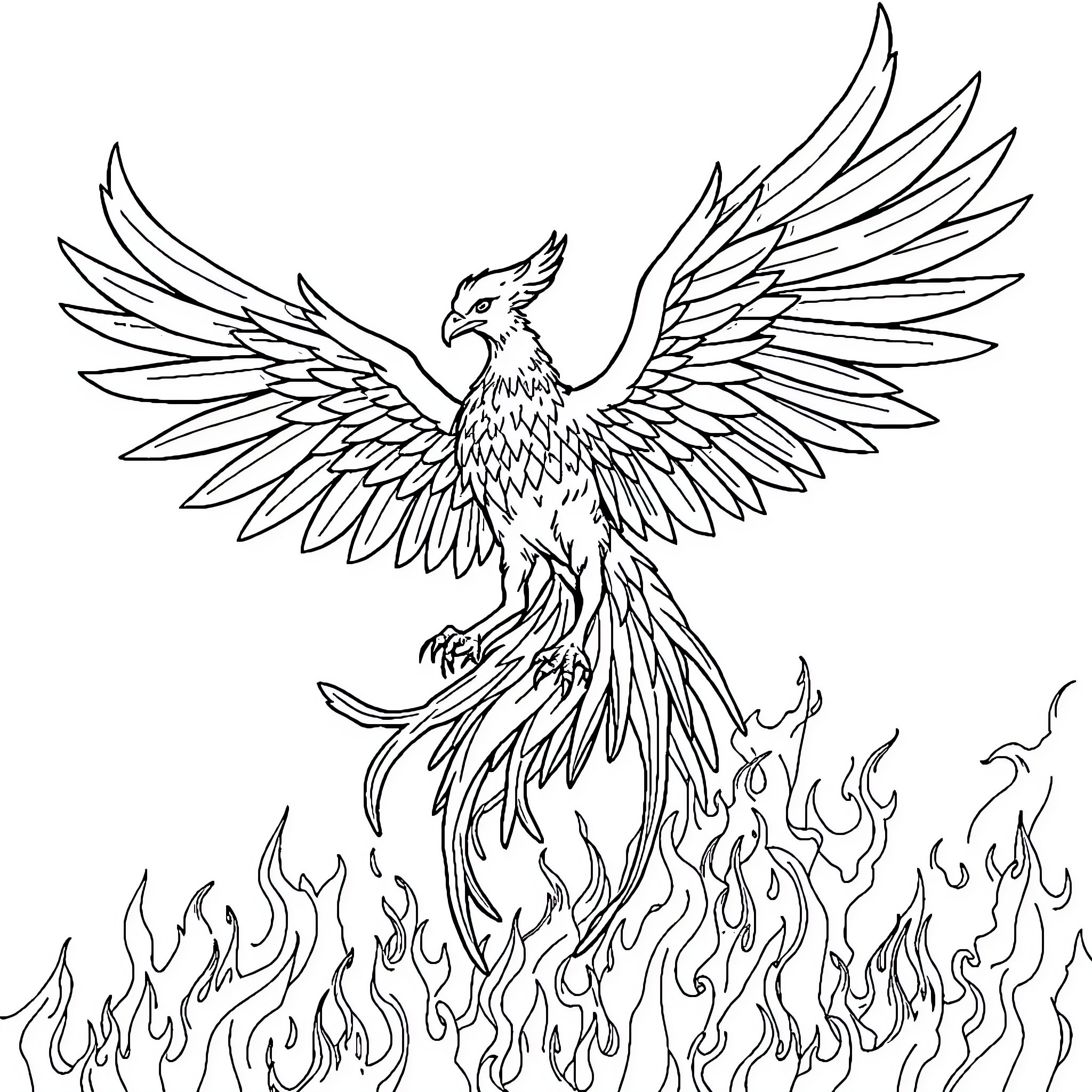 Phoenix soaring with wings spread amidst flames Coloring Page (free black-and-white line drawing printable PDF for all, from beginners to advanced learners, including children, teens, adults, and seniors)