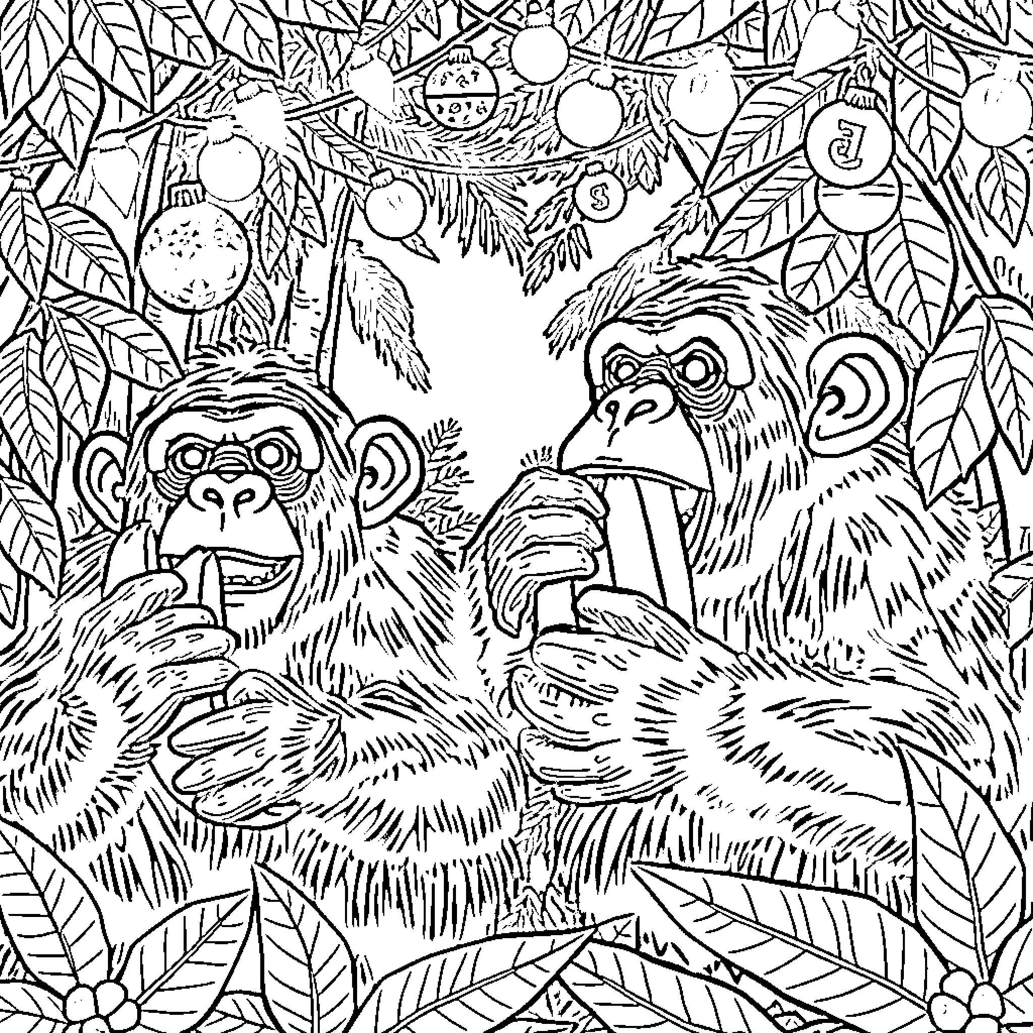 Chimpanzee enjoying the jungle environment Coloring Page (free black-and-white line drawing printable PDF for all, from beginners to advanced learners, including children, teens, adults, and seniors)