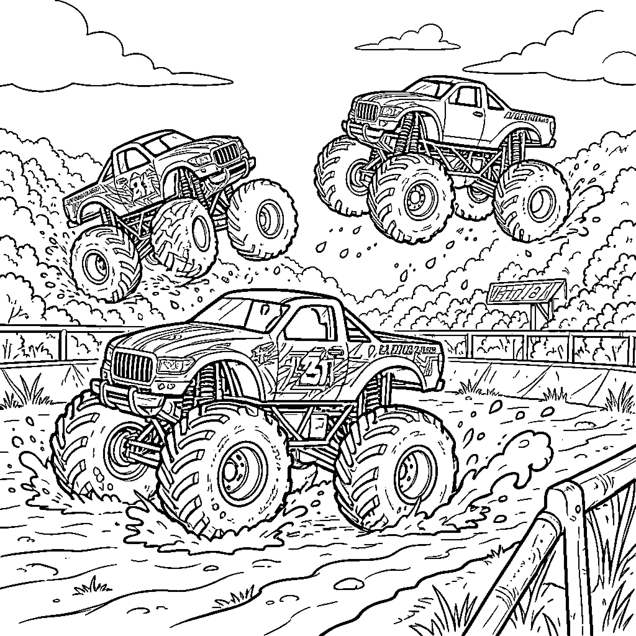 Monster Truck racing through mud and splashing water Coloring Page (free black-and-white line drawing printable PDF for all, from beginners to advanced learners, including children, teens, adults, and seniors)