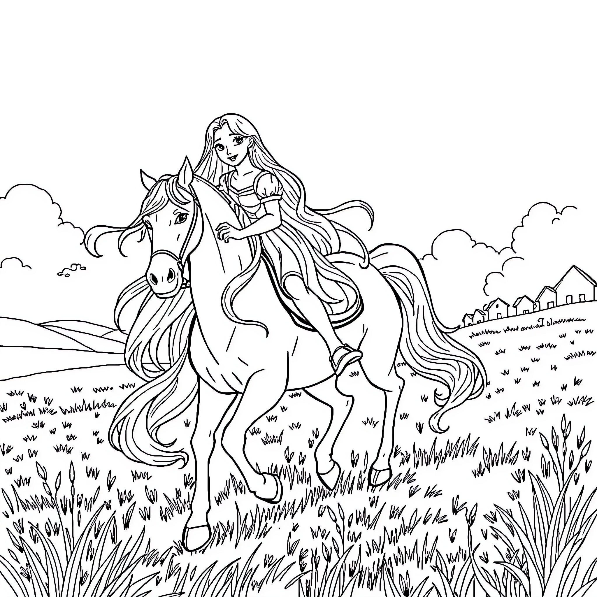 Rapunzel riding a horse through the countryside Coloring Page (free black-and-white line drawing printable PDF for all, from beginners to advanced learners, including children, teens, adults, and seniors)