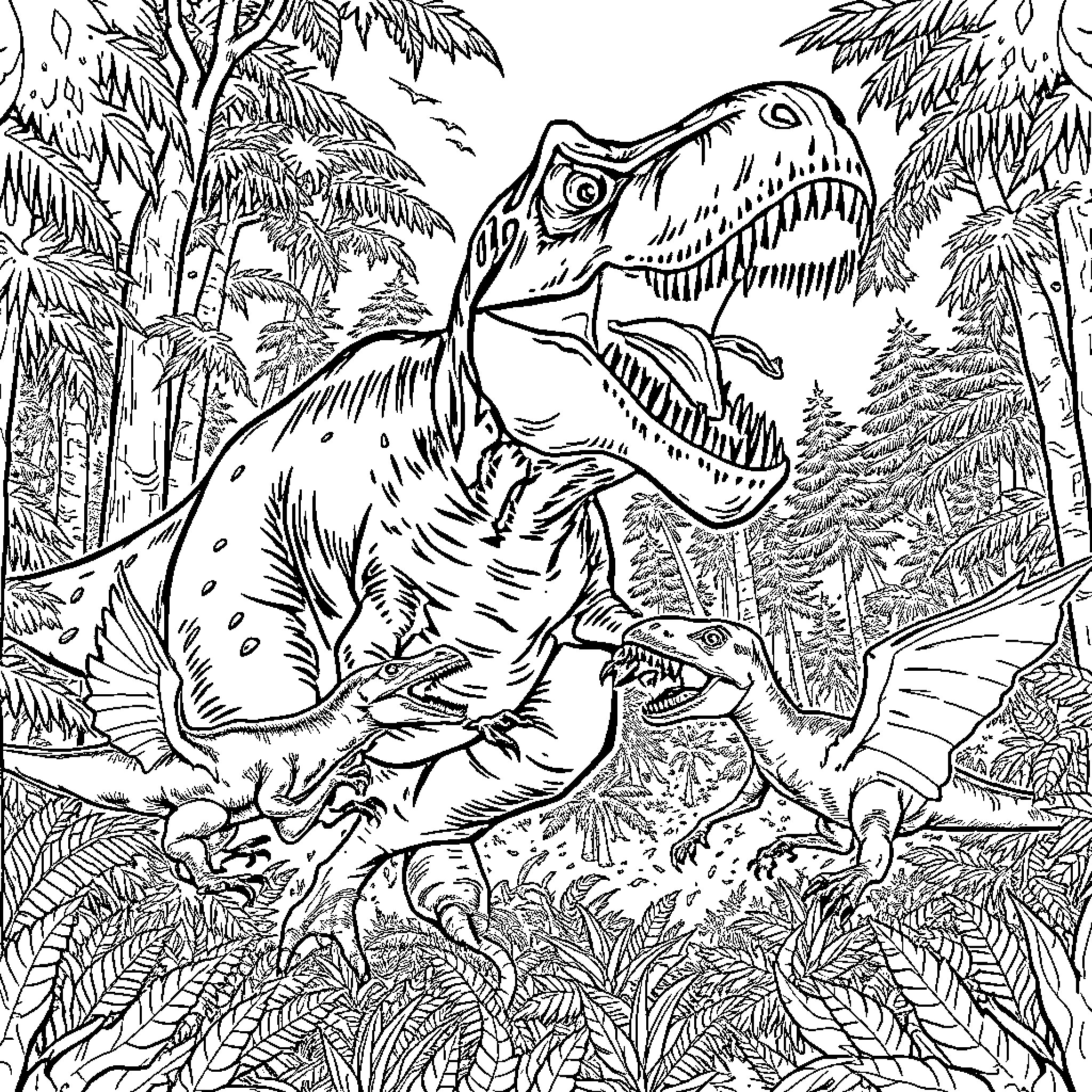 T-Rex Attacking in the Prehistoric Jungle Coloring Page (free black-and-white line drawing printable PDF for all, from beginners to advanced learners, including children, teens, adults, and seniors)