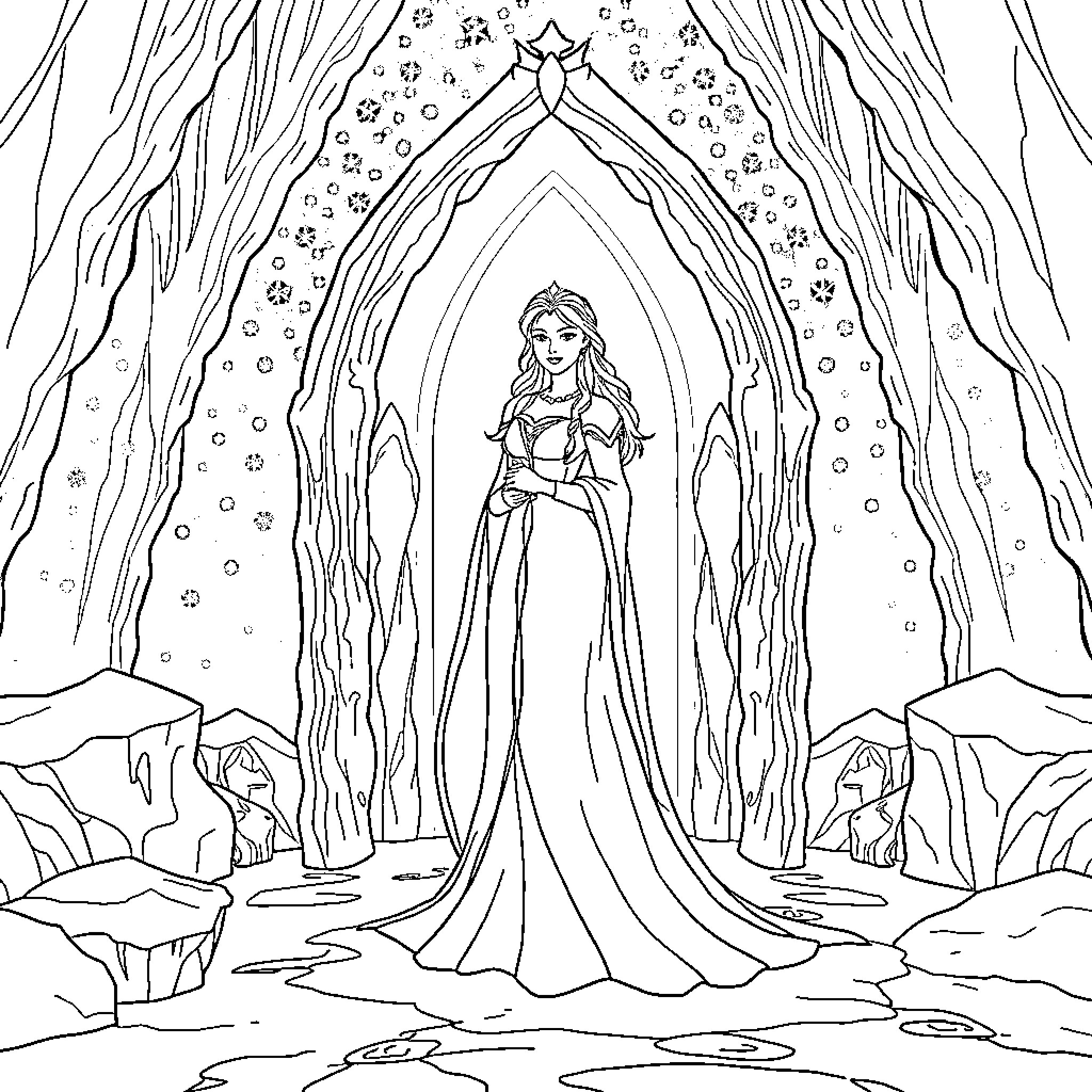 Snow Queen standing in a winter wonderland Coloring Page (free black-and-white line drawing printable PDF for all, from beginners to advanced learners, including children, teens, adults, and seniors)