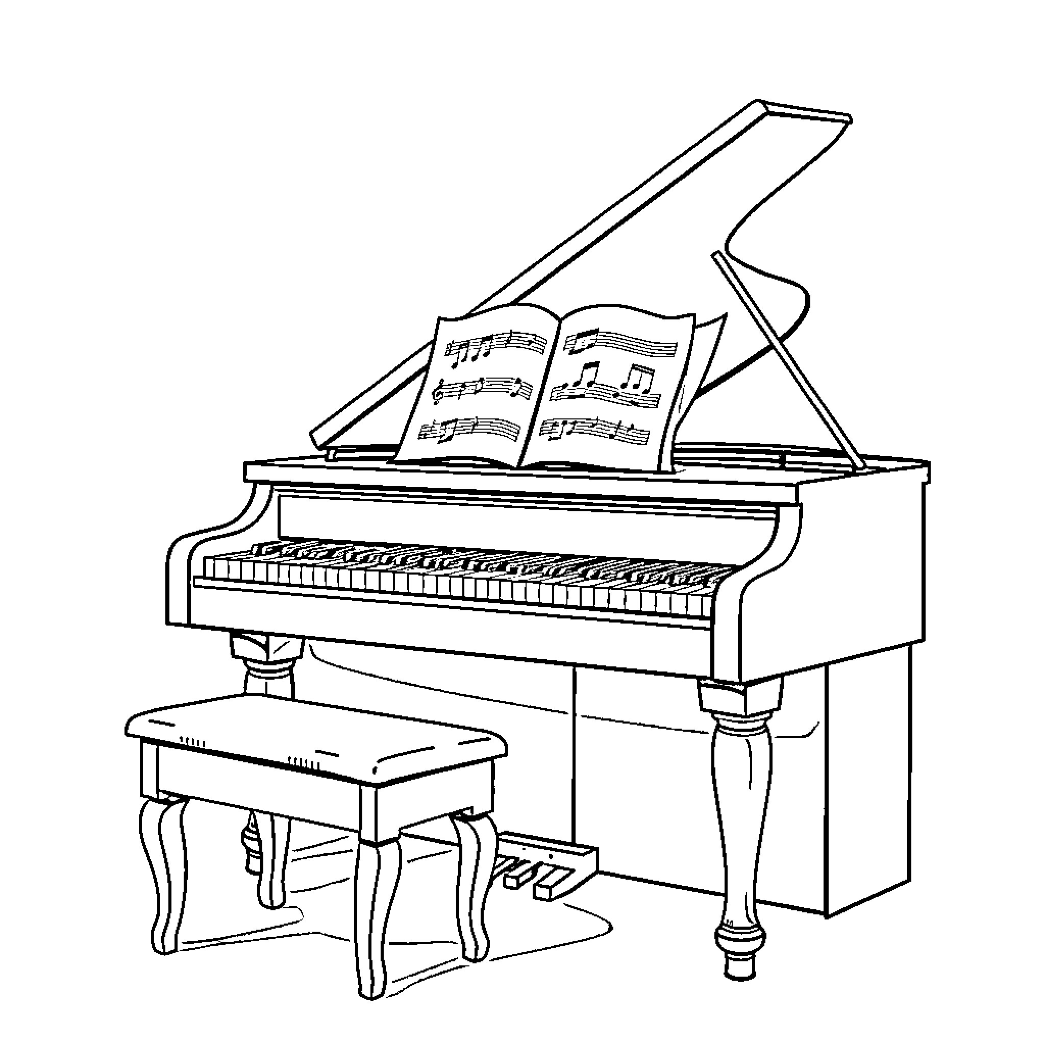 Piano with open sheet music book Coloring Page (free black-and-white line drawing printable PDF for all, from beginners to advanced learners, including children, teens, adults, and seniors)