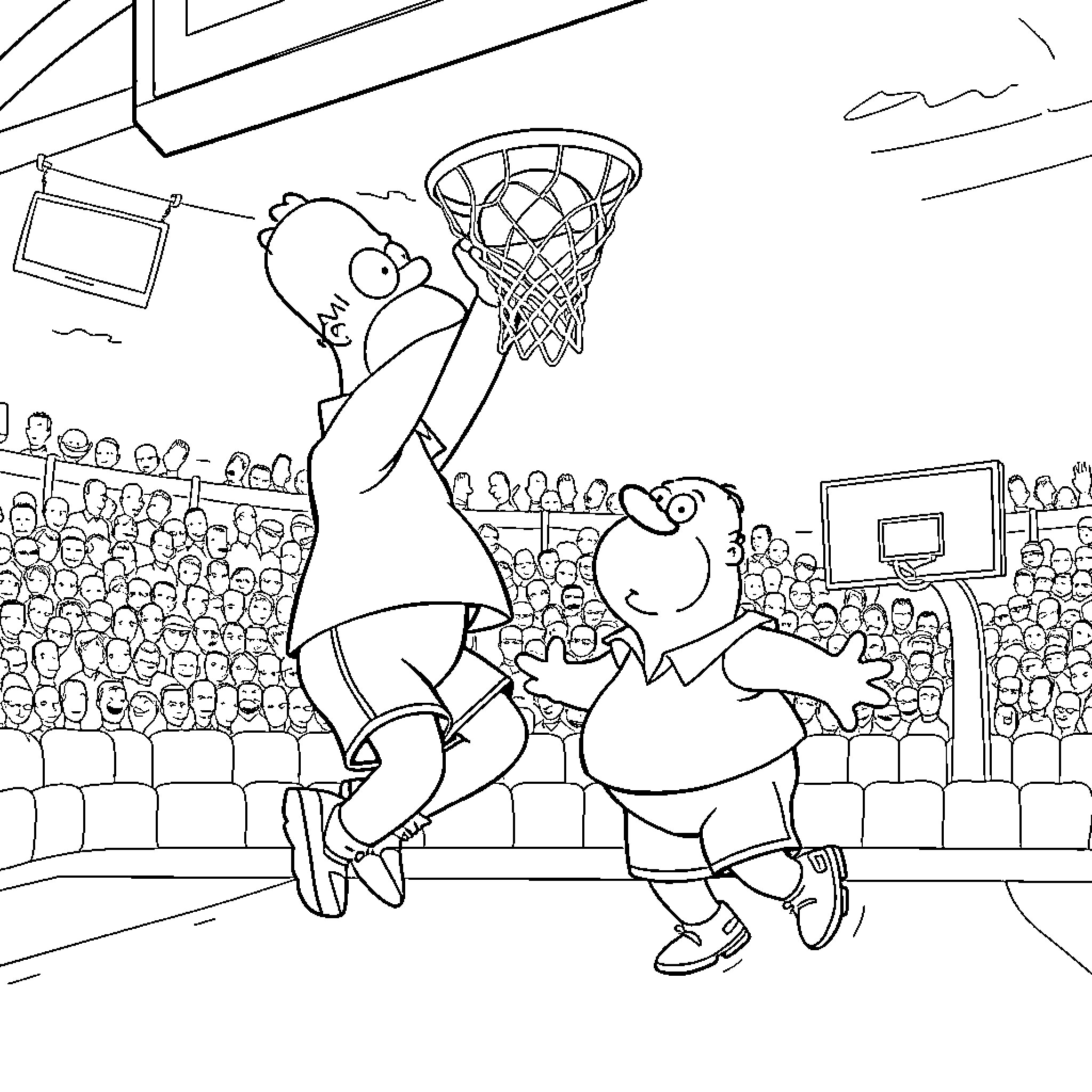 Homer Plays Basketball in the Big Game Coloring Page (free black-and-white line drawing printable PDF for all, from beginners to advanced learners, including children, teens, adults, and seniors)