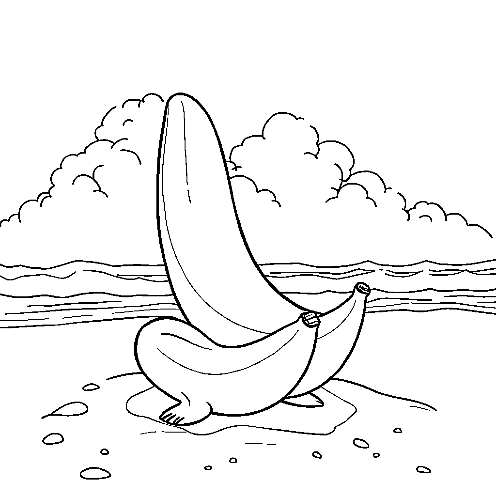 Banana relaxing on the beach Coloring Page (free black-and-white line drawing printable PDF for all, from beginners to advanced learners, including children, teens, adults, and seniors)