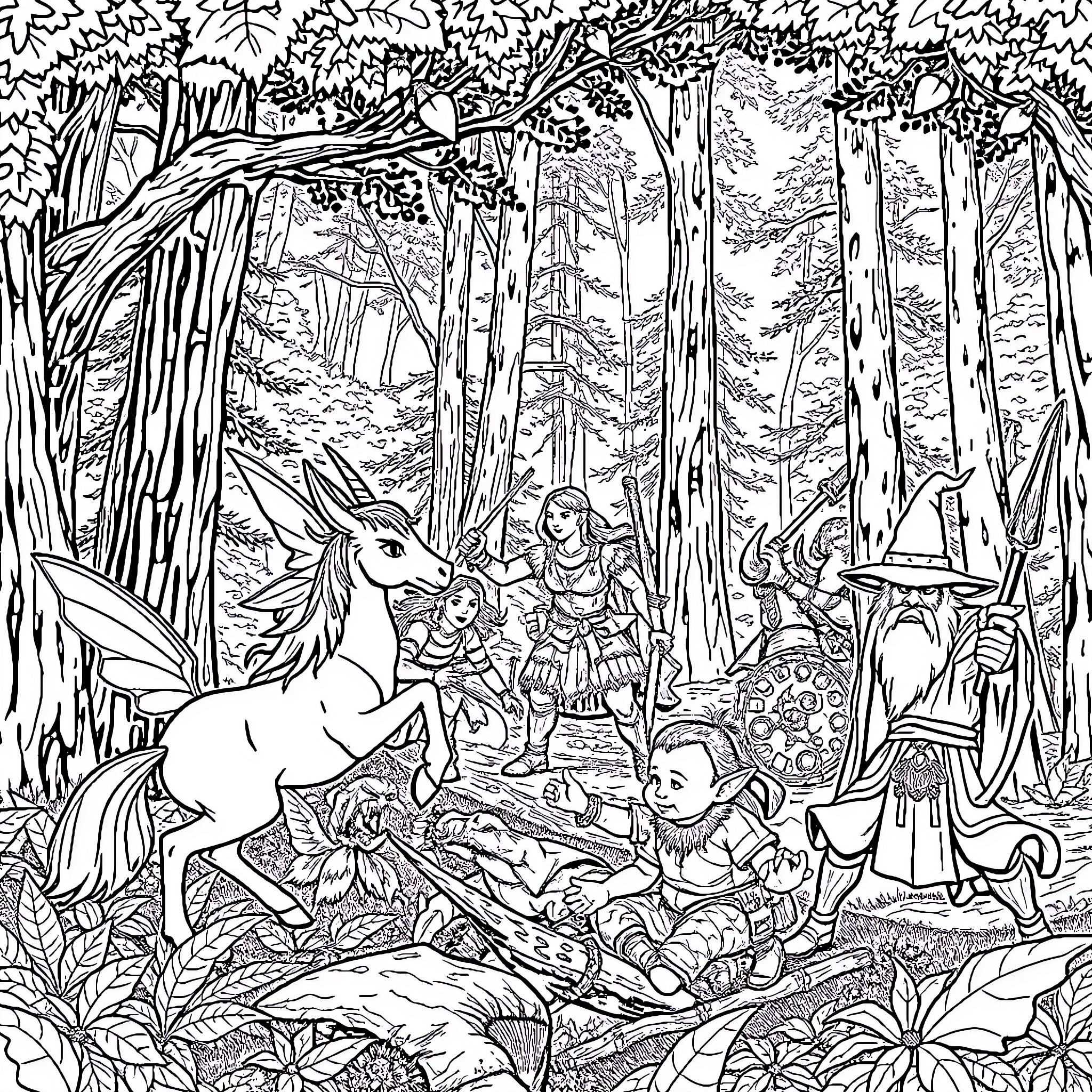 Centaur in a Magical Forest with Fairies and Wizards Coloring Page (free black-and-white line drawing printable PDF for all, from beginners to advanced learners, including children, teens, adults, and seniors)