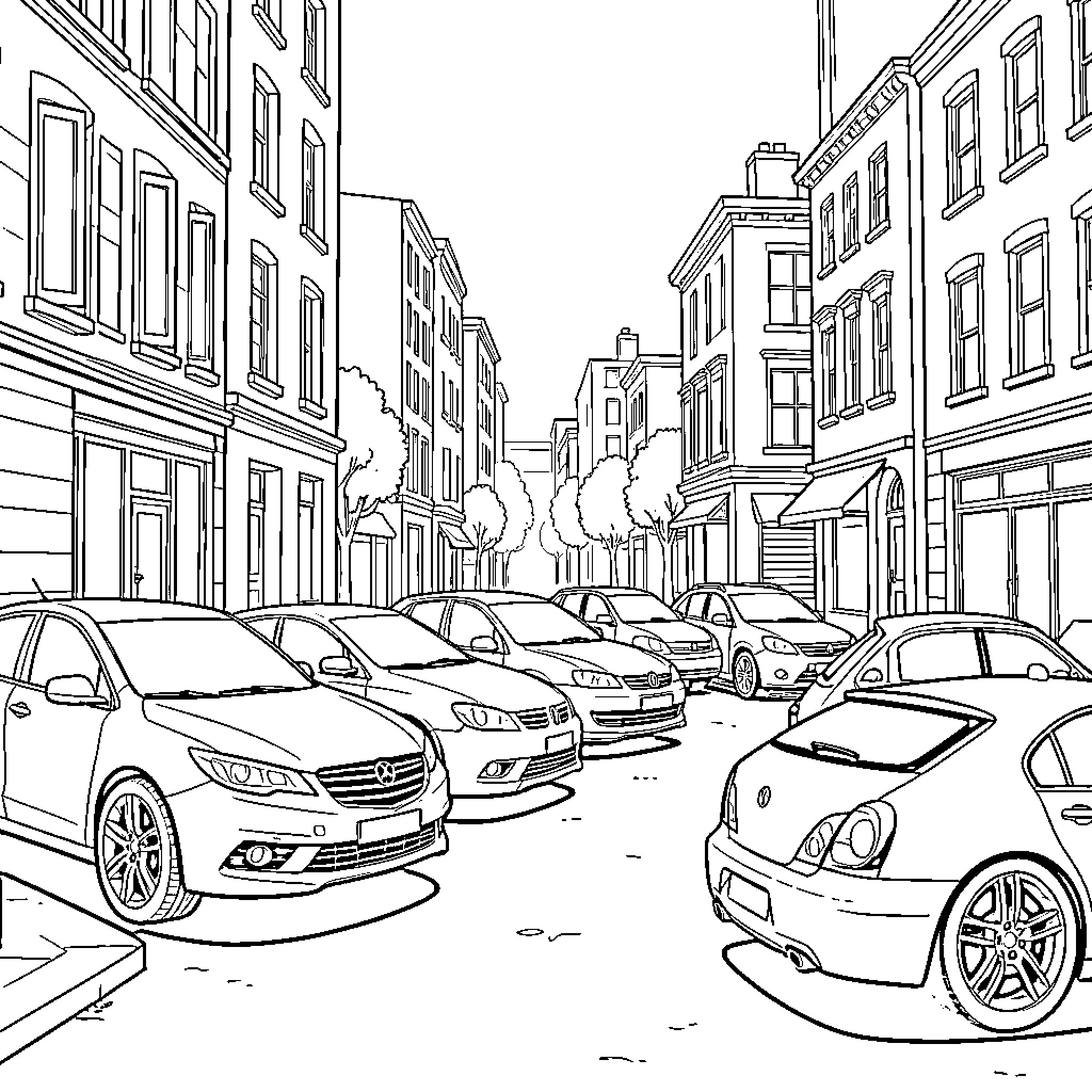 Car parked along a narrow city street Coloring Page (free black-and-white line drawing printable PDF for all, from beginners to advanced learners, including children, teens, adults, and seniors)