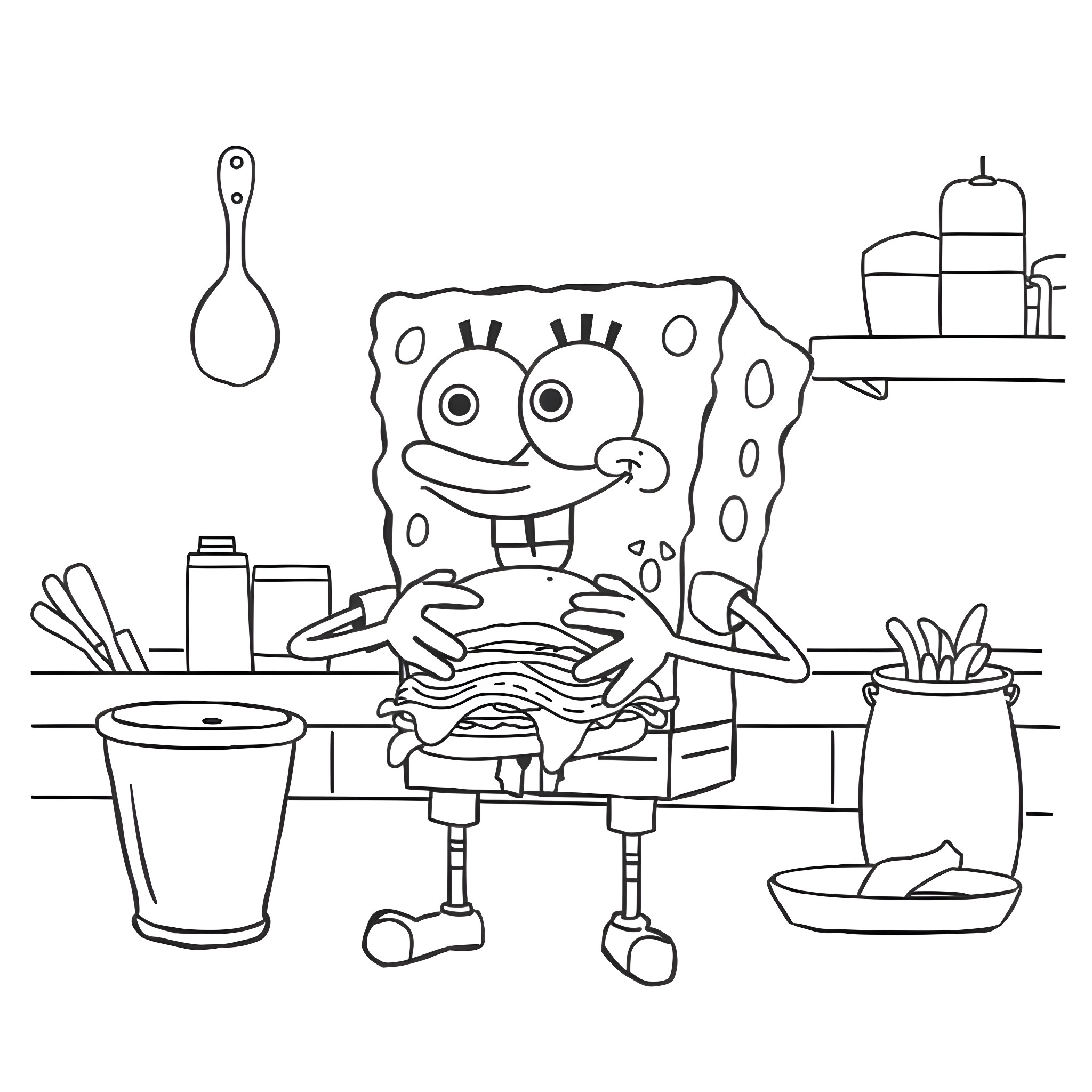 Spongebob in the kitchen with cooking utensils Coloring Page (free black-and-white line drawing printable PDF for all, from beginners to advanced learners, including children, teens, adults, and seniors)