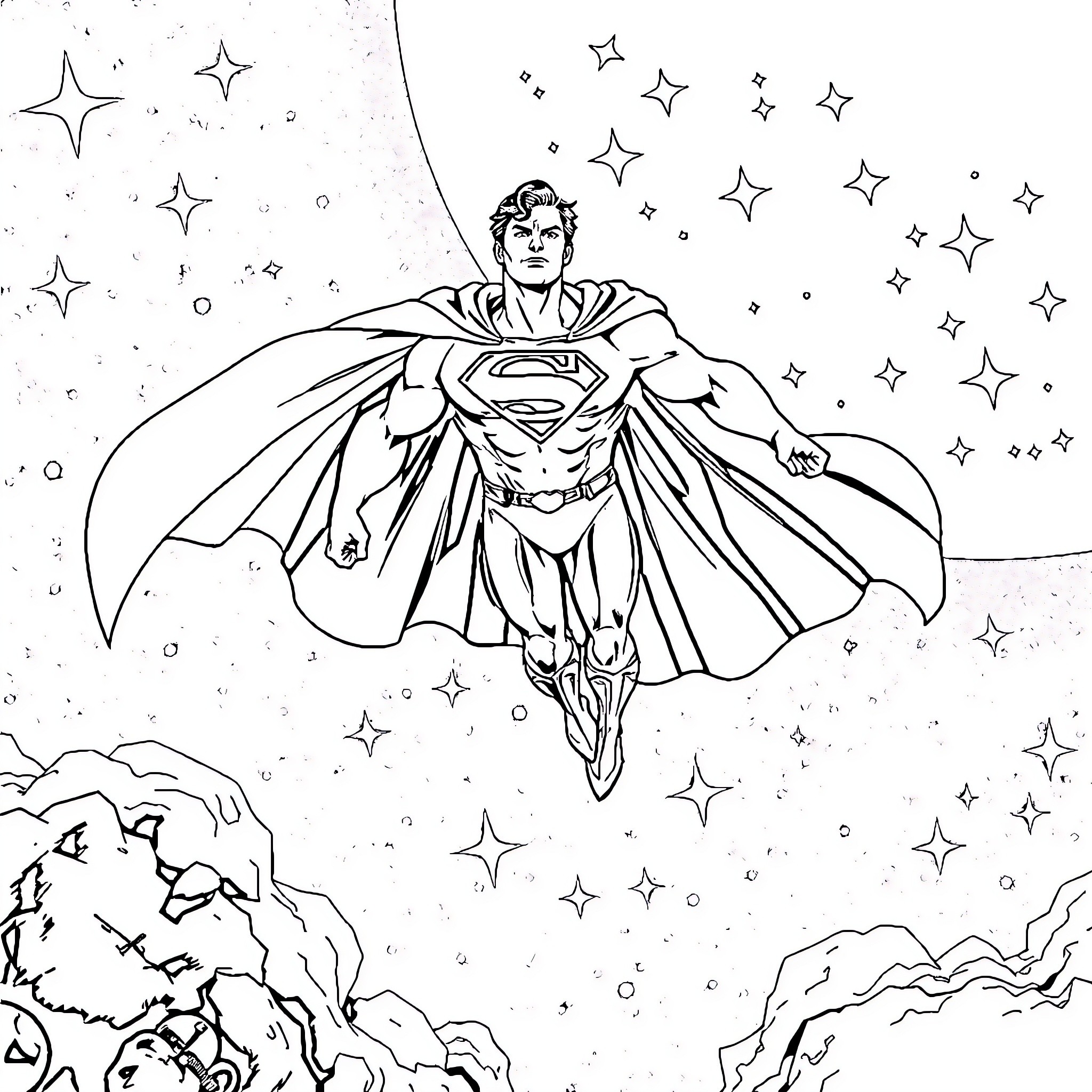 Superman soaring through the starry sky Coloring Page (free black-and-white line drawing printable PDF for all, from beginners to advanced learners, including children, teens, adults, and seniors)
