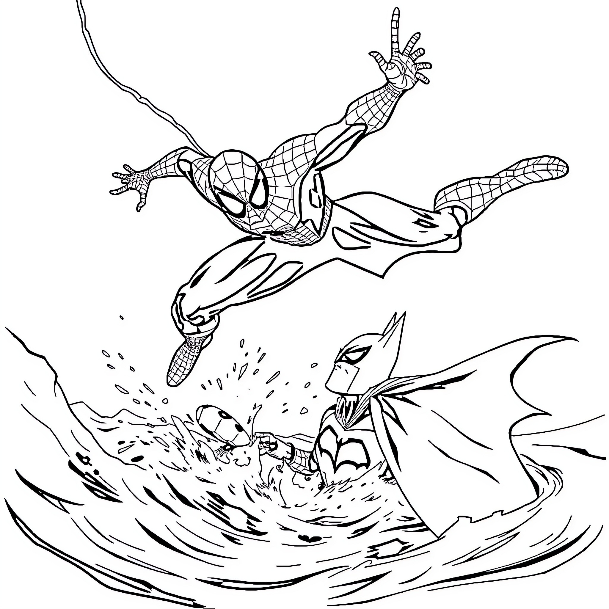 Spiderman swinging into action against villainous foe Coloring Page (free black-and-white line drawing printable PDF for all, from beginners to advanced learners, including children, teens, adults, and seniors)