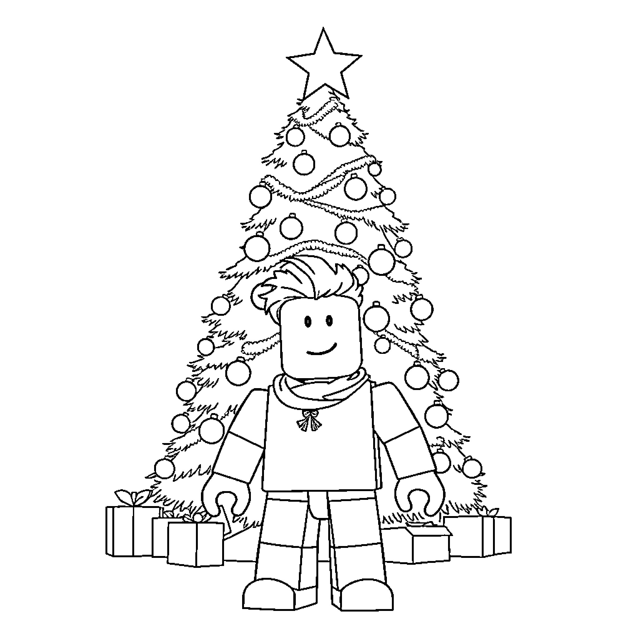 Roblox Character Celebrating Christmas with Presents Coloring Page (free black-and-white line drawing printable PDF for all, from beginners to advanced learners, including children, teens, adults, and seniors)