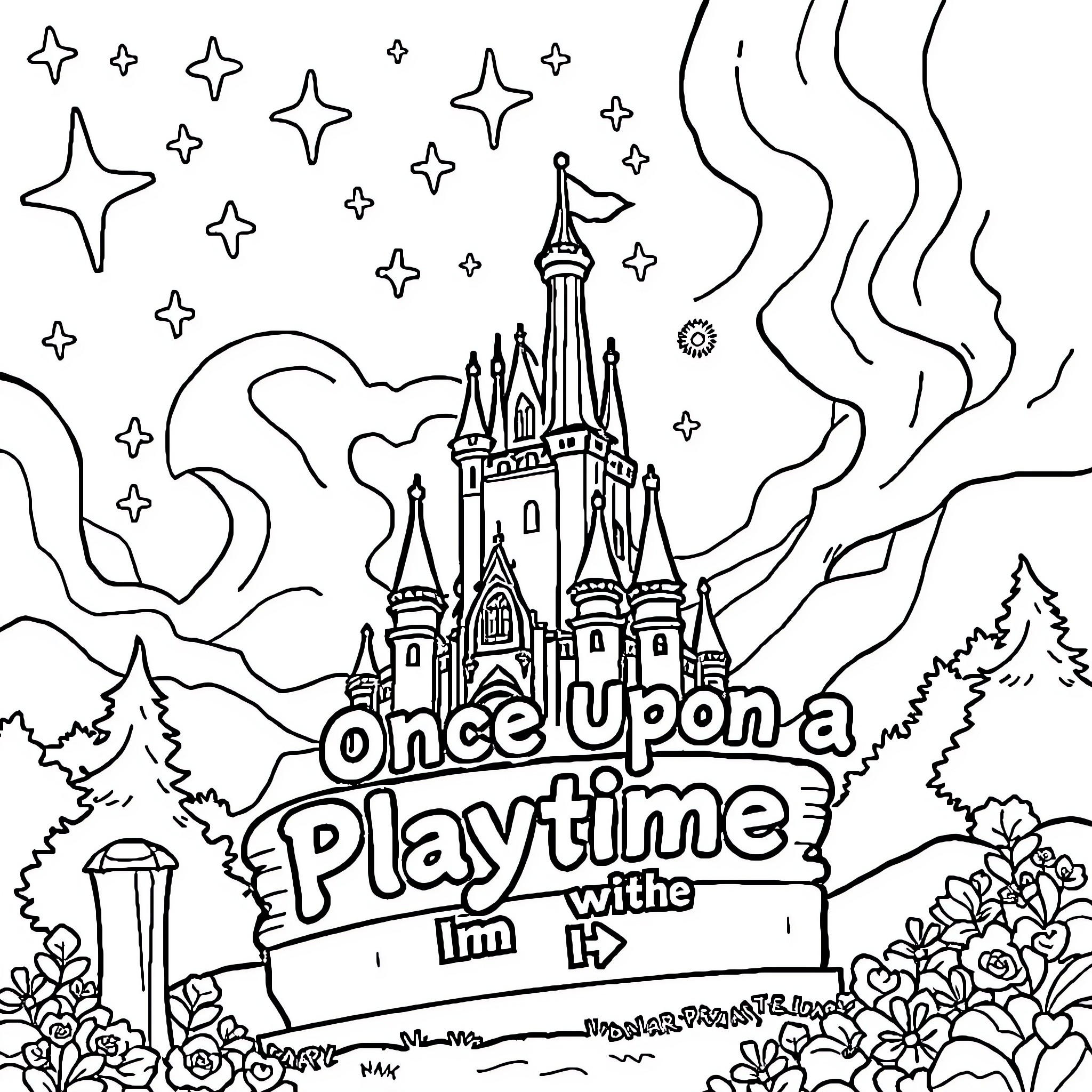 Castle in magical fairy tale landscape Coloring Page (free black-and-white line drawing printable PDF for all, from beginners to advanced learners, including children, teens, adults, and seniors)