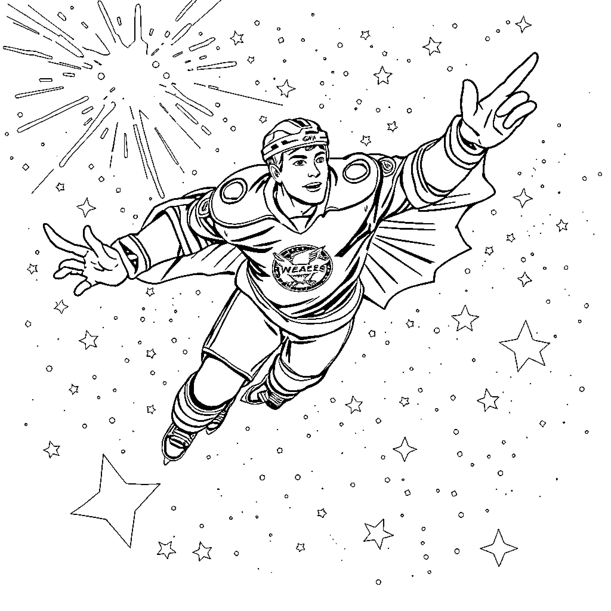 Hockey Player Soaring Through Cosmic Backdrop Coloring Page (free black-and-white line drawing printable PDF for all, from beginners to advanced learners, including children, teens, adults, and seniors)