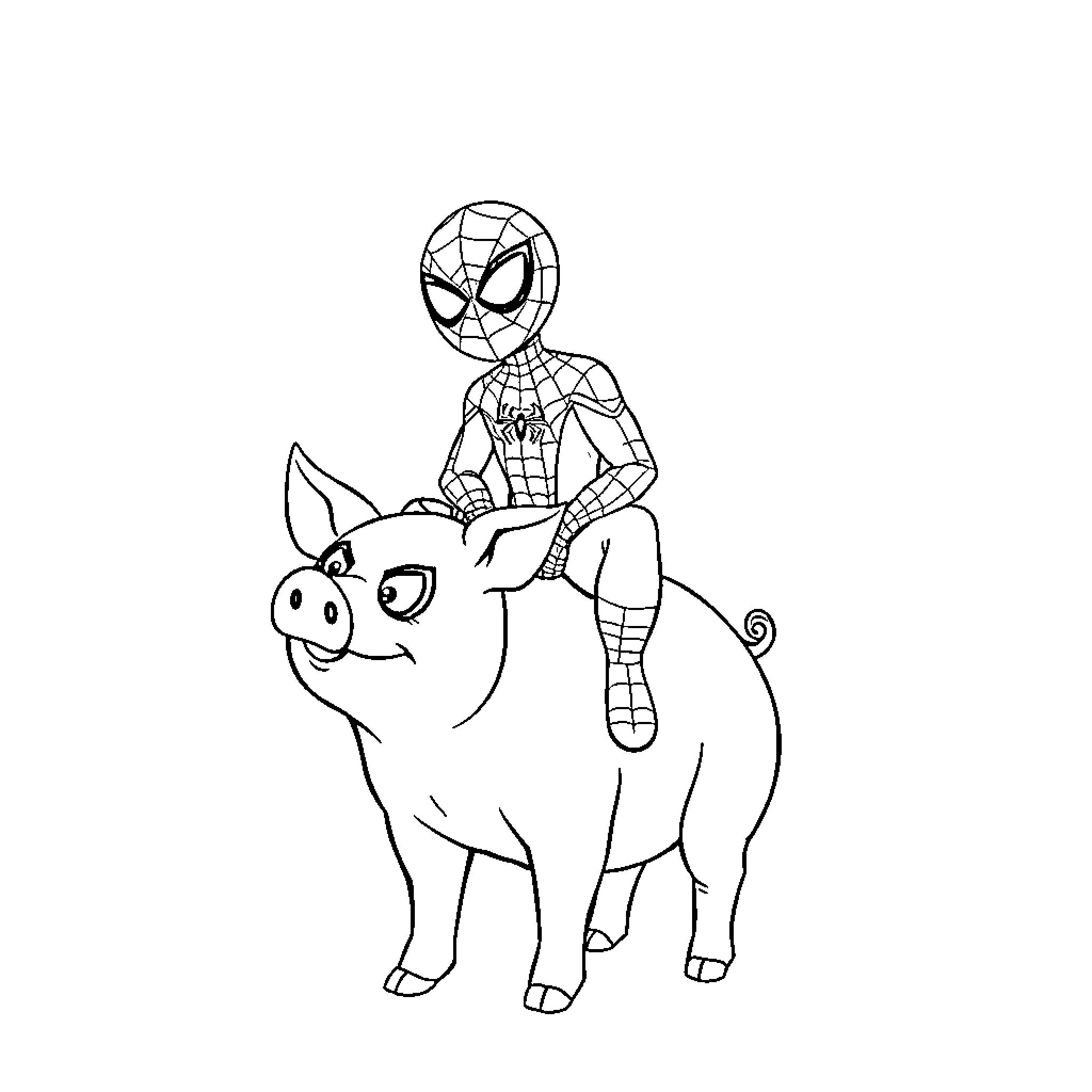 Spiderman riding a friendly pig Coloring Page (free black-and-white line drawing printable PDF for all, from beginners to advanced learners, including children, teens, adults, and seniors)