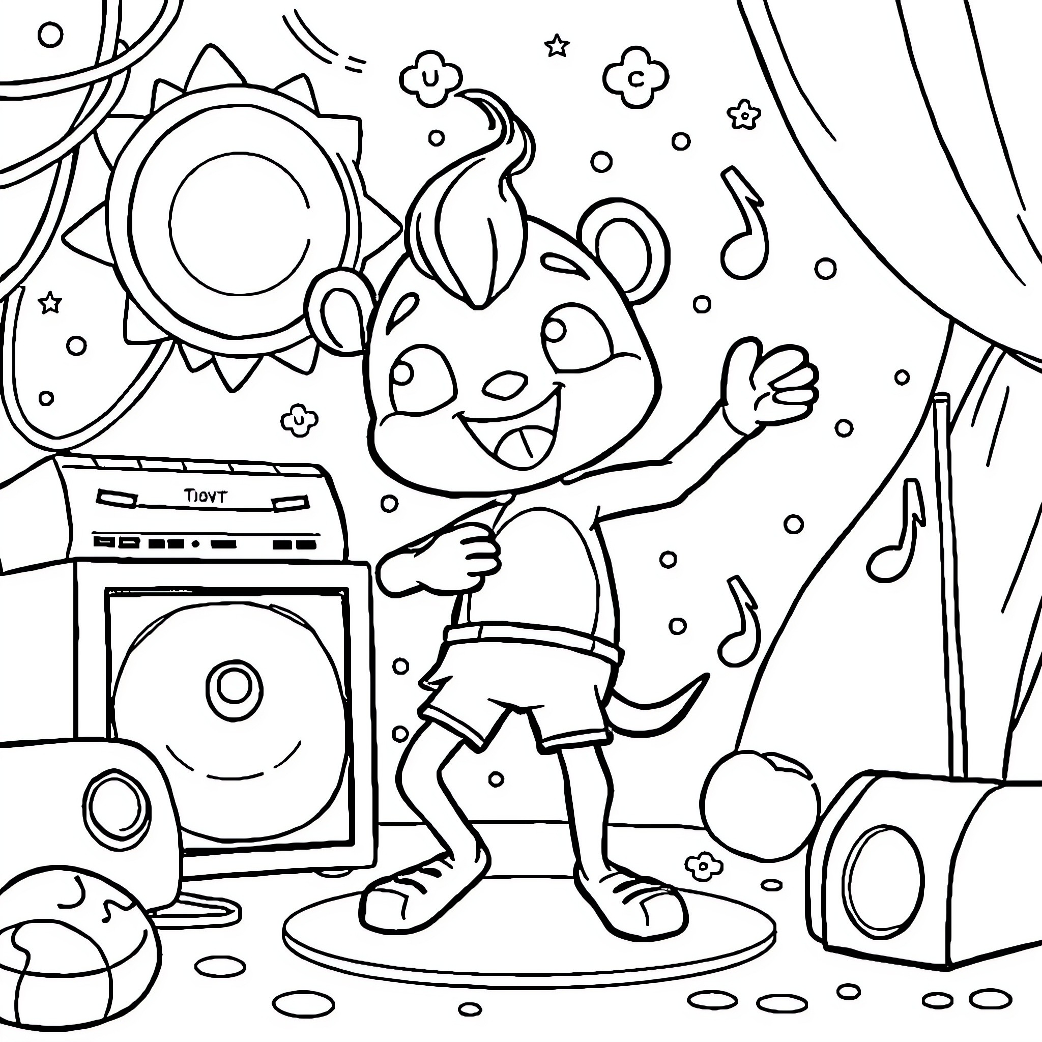 Sprunki dancing to music with speakers and instruments Coloring Page (free black-and-white line drawing printable PDF for all, from beginners to advanced learners, including children, teens, adults, and seniors)