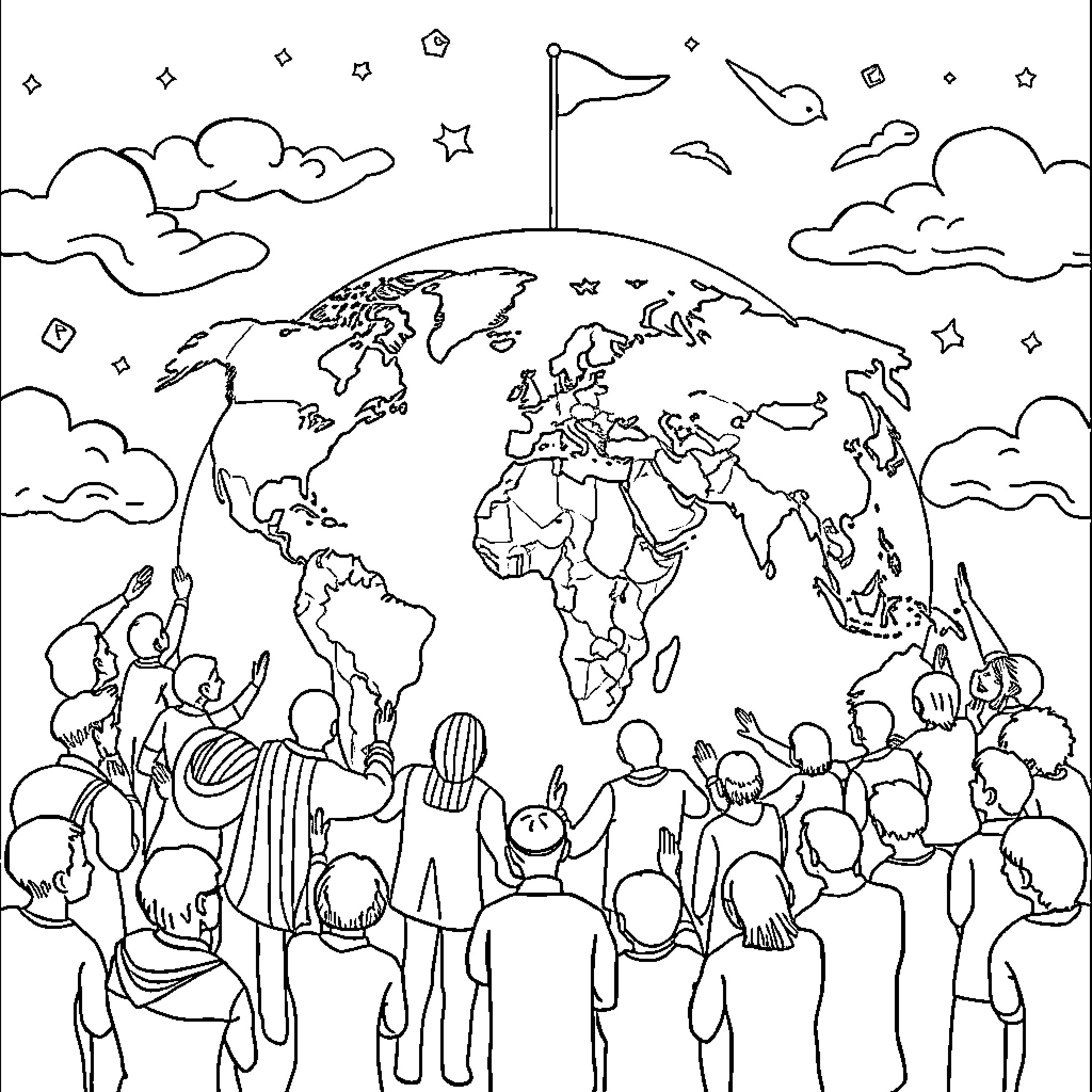 Peace and unity around the world Coloring Page (free black-and-white line drawing printable PDF for all, from beginners to advanced learners, including children, teens, adults, and seniors)