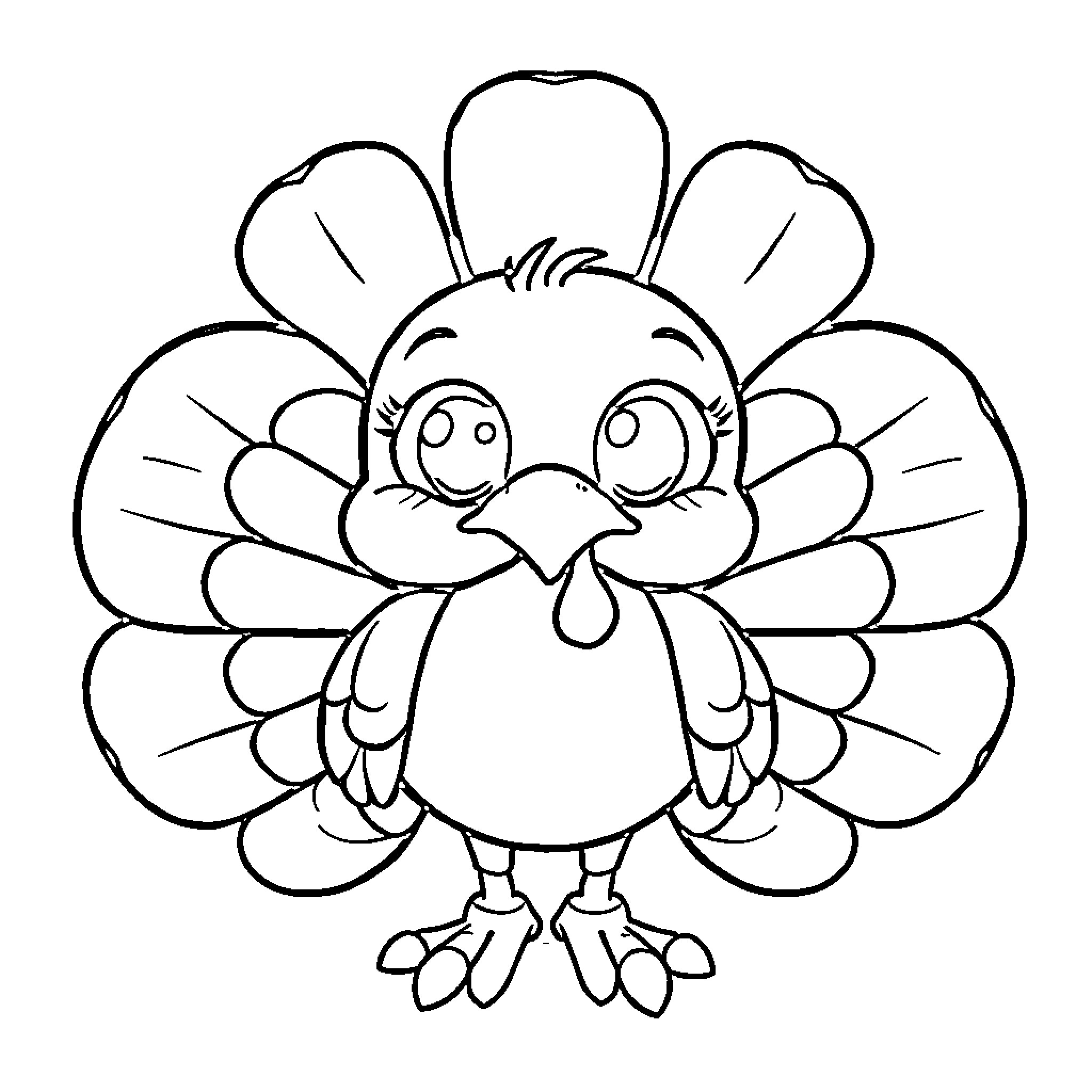 Turkey with expressive cartoon features Coloring Page (free black-and-white line drawing printable PDF for all, from beginners to advanced learners, including children, teens, adults, and seniors)