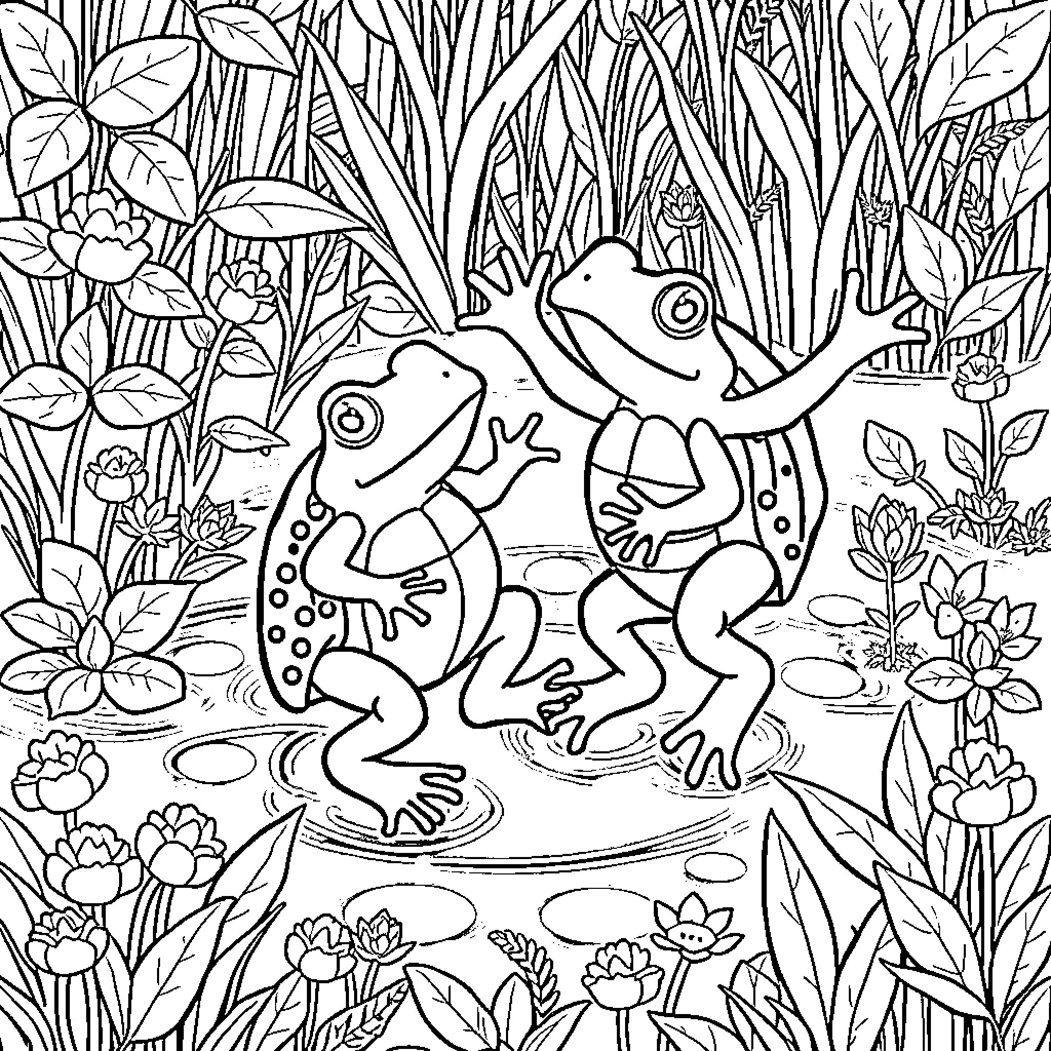 Frogs Frolicking in Vibrant Floral Landscape Coloring Page (free black-and-white line drawing printable PDF for all, from beginners to advanced learners, including children, teens, adults, and seniors)
