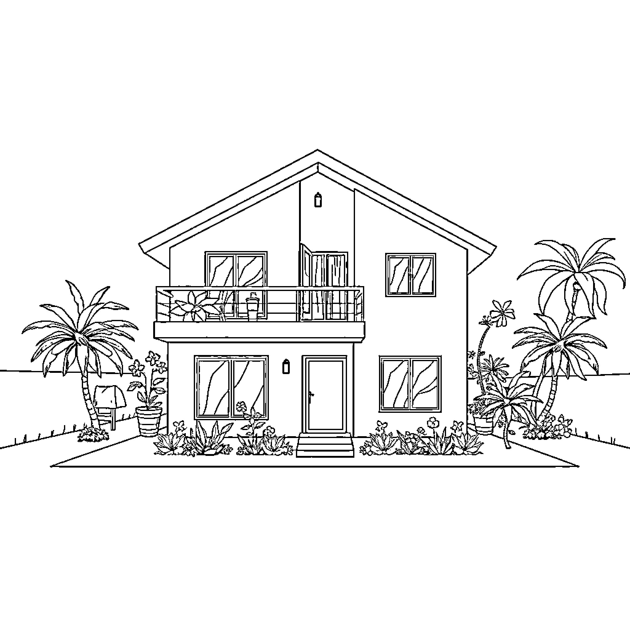 House Plant on a Tropical Beach Paradise Coloring Page (free black-and-white line drawing printable PDF for all, from beginners to advanced learners, including children, teens, adults, and seniors)