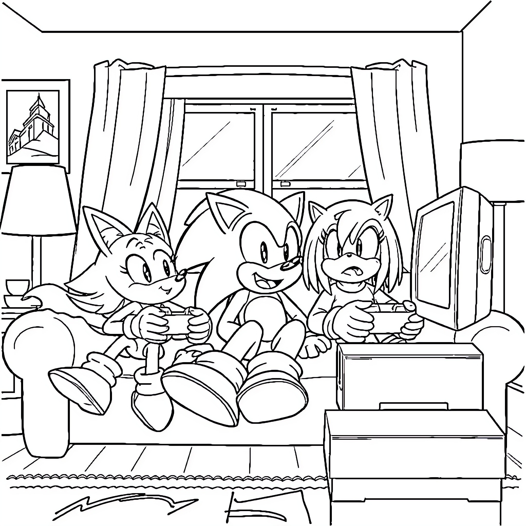 Sonic characters enjoying a gaming session at home Coloring Page (free black-and-white line drawing printable PDF for all, from beginners to advanced learners, including children, teens, adults, and seniors)