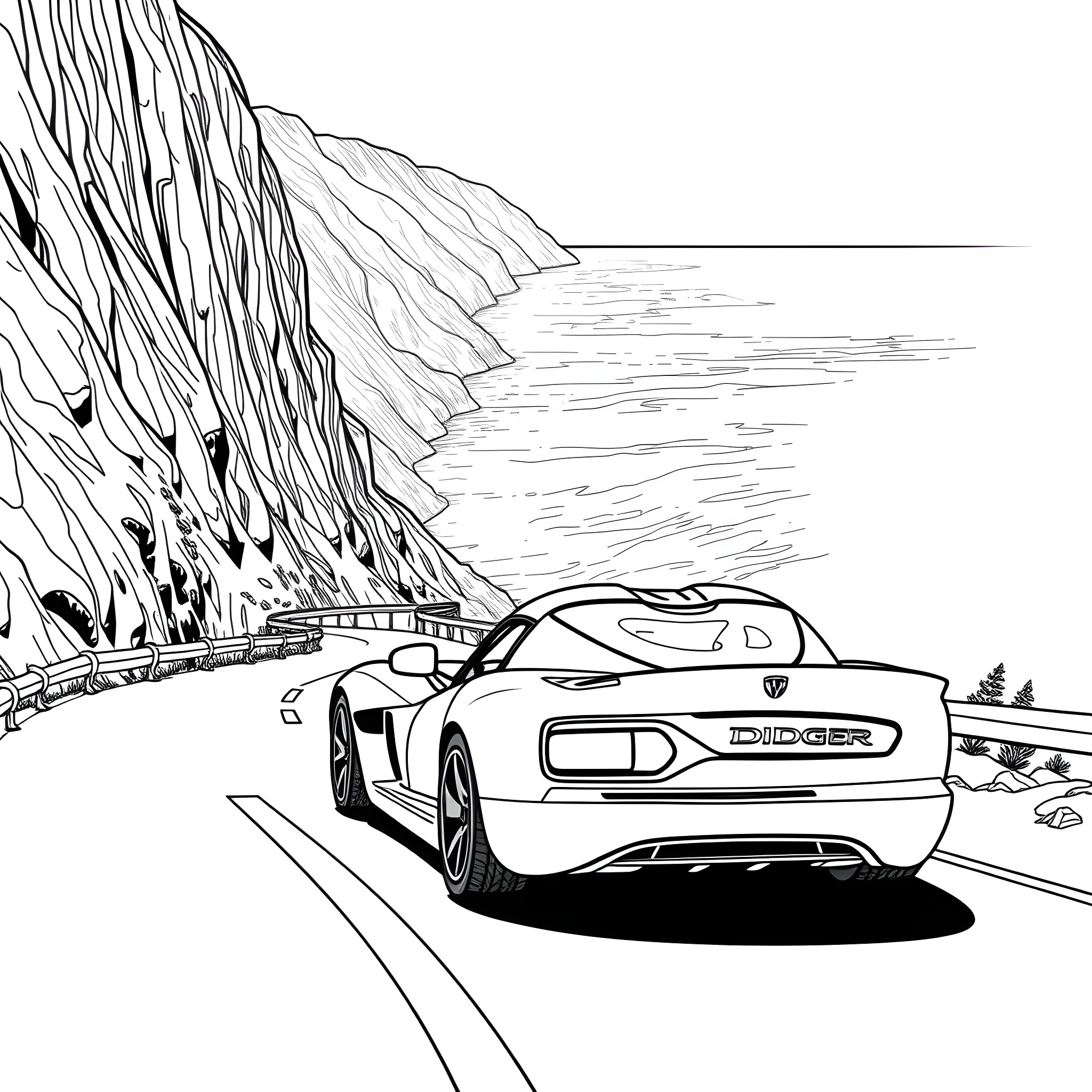 Dodge Viper speeding through a scenic mountain road Coloring Page (free black-and-white line drawing printable PDF for all, from beginners to advanced learners, including children, teens, adults, and seniors)