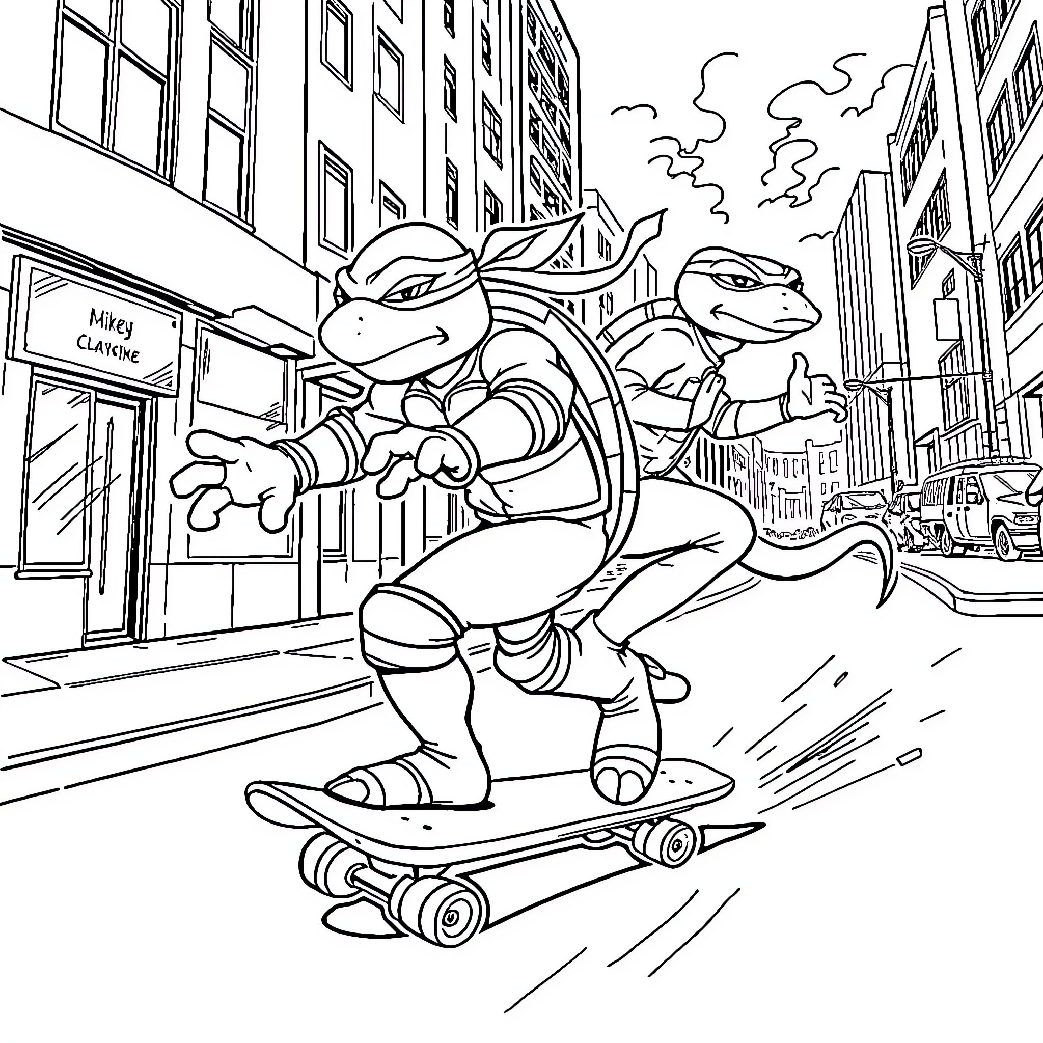Mikey and his friends skateboarding in the city Coloring Page (free black-and-white line drawing printable PDF for all, from beginners to advanced learners, including children, teens, adults, and seniors)