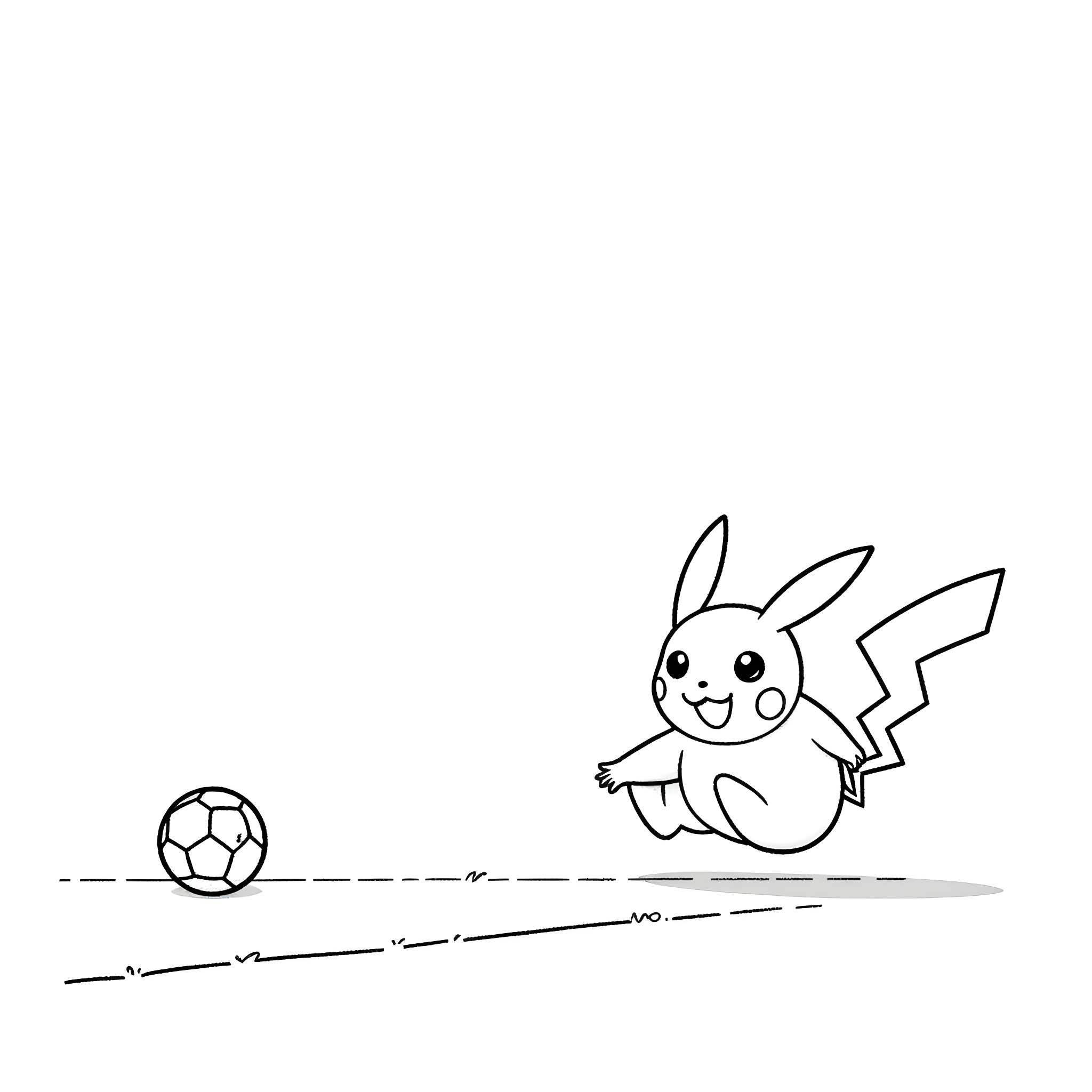 Pikachu playing with soccer ball Coloring Page (free black-and-white line drawing printable PDF for all, from beginners to advanced learners, including children, teens, adults, and seniors)