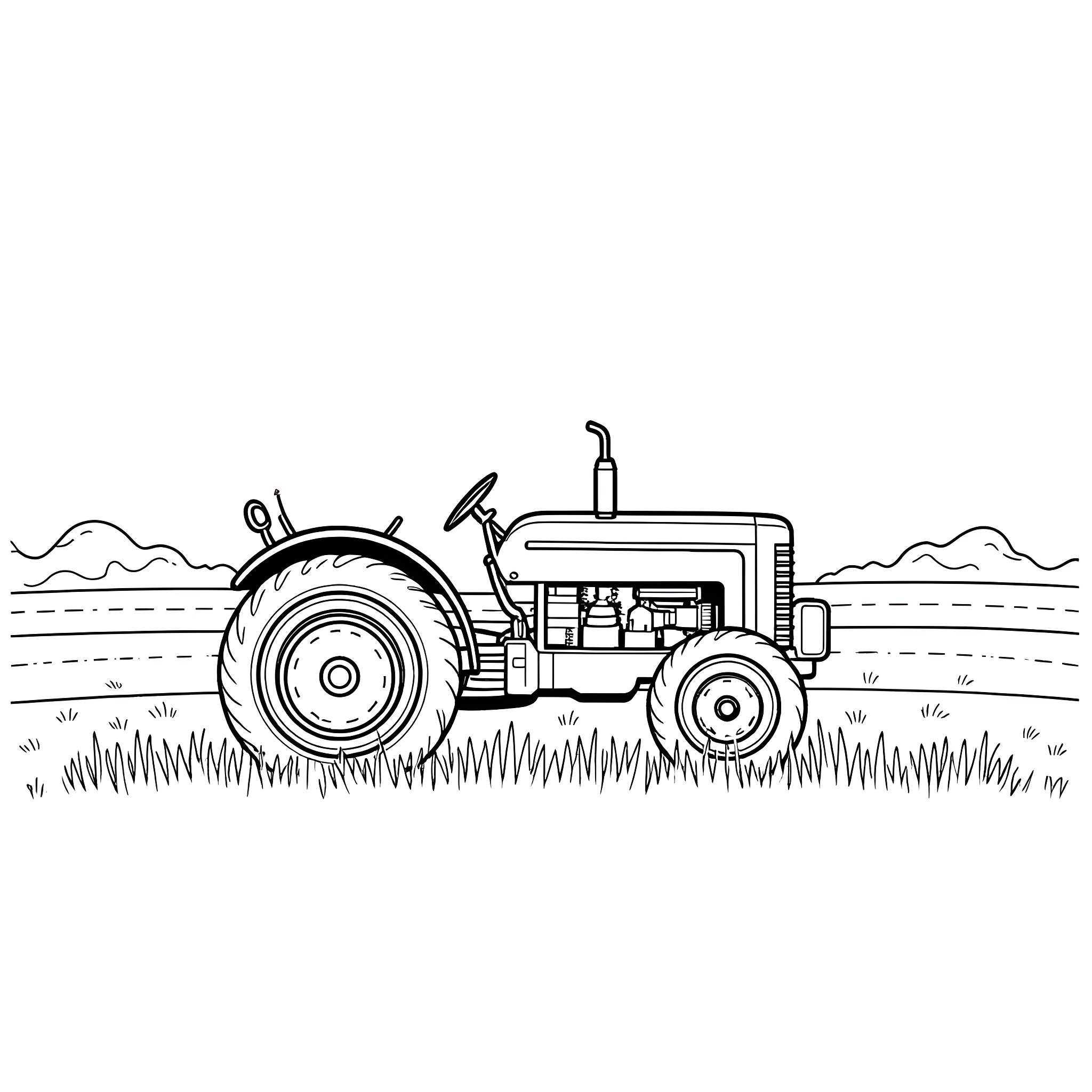 Tractor plowing the field Coloring Page (free black-and-white line drawing printable PDF for all, from beginners to advanced learners, including children, teens, adults, and seniors)