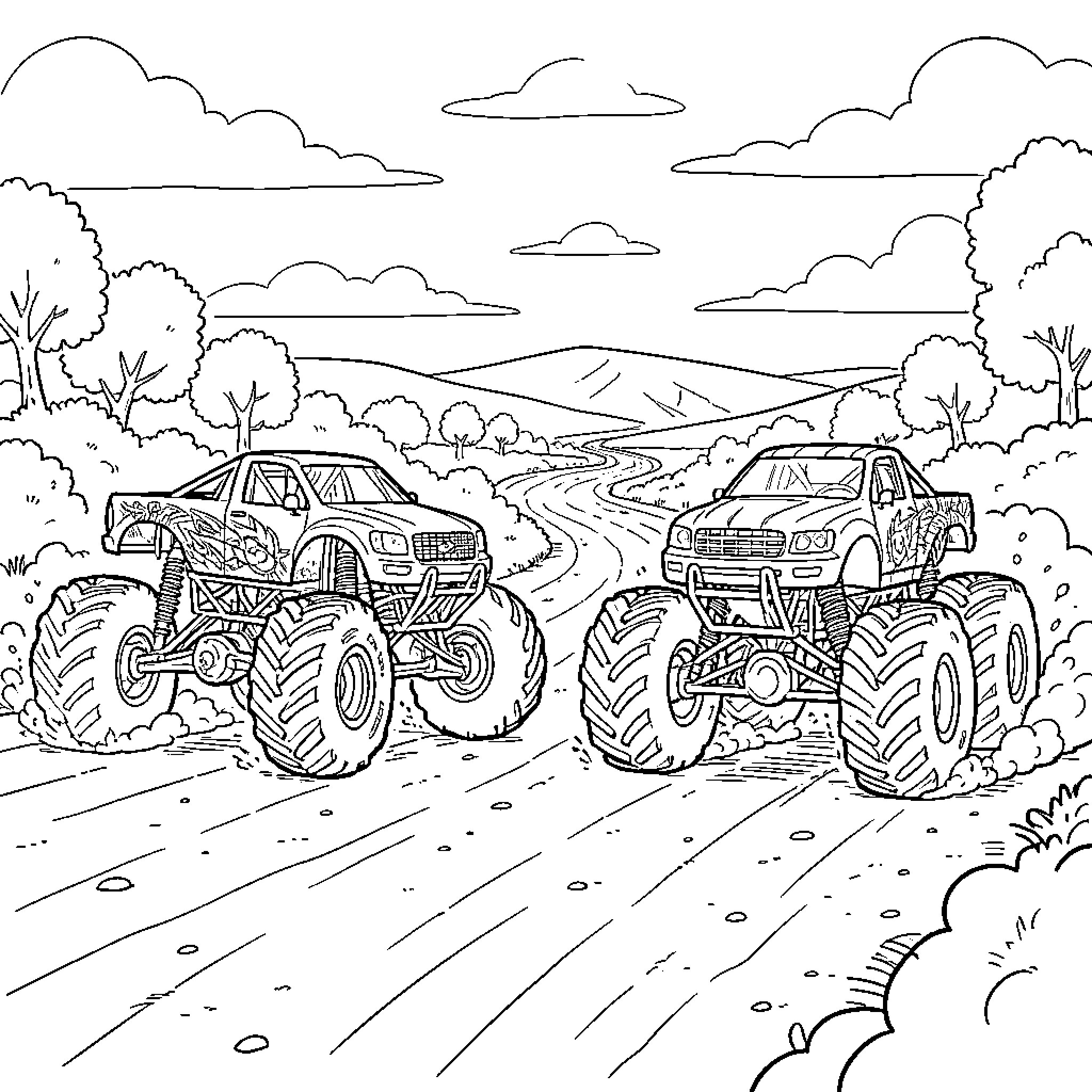 Monster Trucks in the Countryside Coloring Page (free black-and-white line drawing printable PDF for all, from beginners to advanced learners, including children, teens, adults, and seniors)