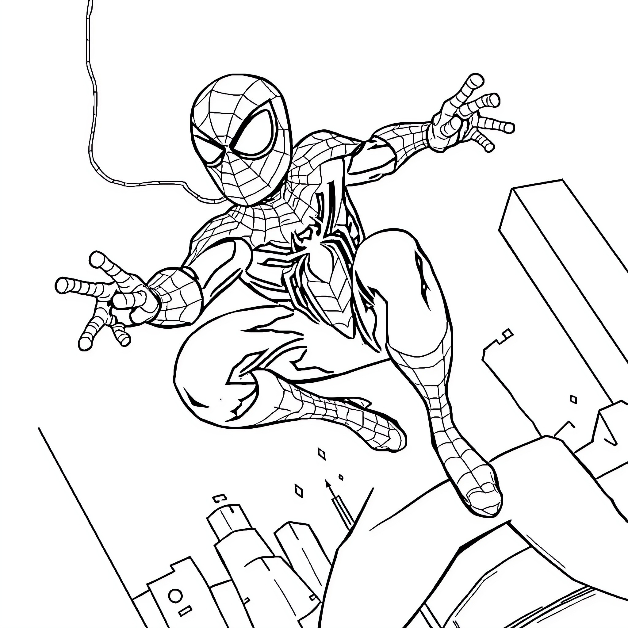 Baby Spider-Man leaping through the city Coloring Page (free black-and-white line drawing printable PDF for all, from beginners to advanced learners, including children, teens, adults, and seniors)