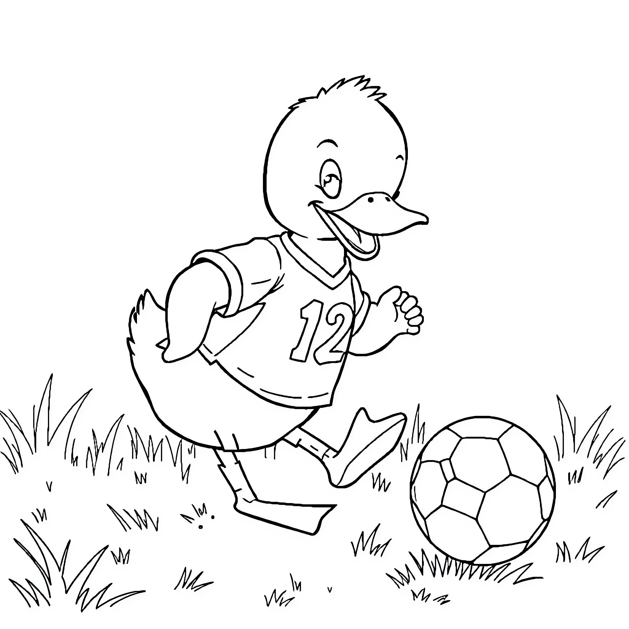 Duck playing soccer in a grassy field Coloring Page (free black-and-white line drawing printable PDF for all, from beginners to advanced learners, including children, teens, adults, and seniors)