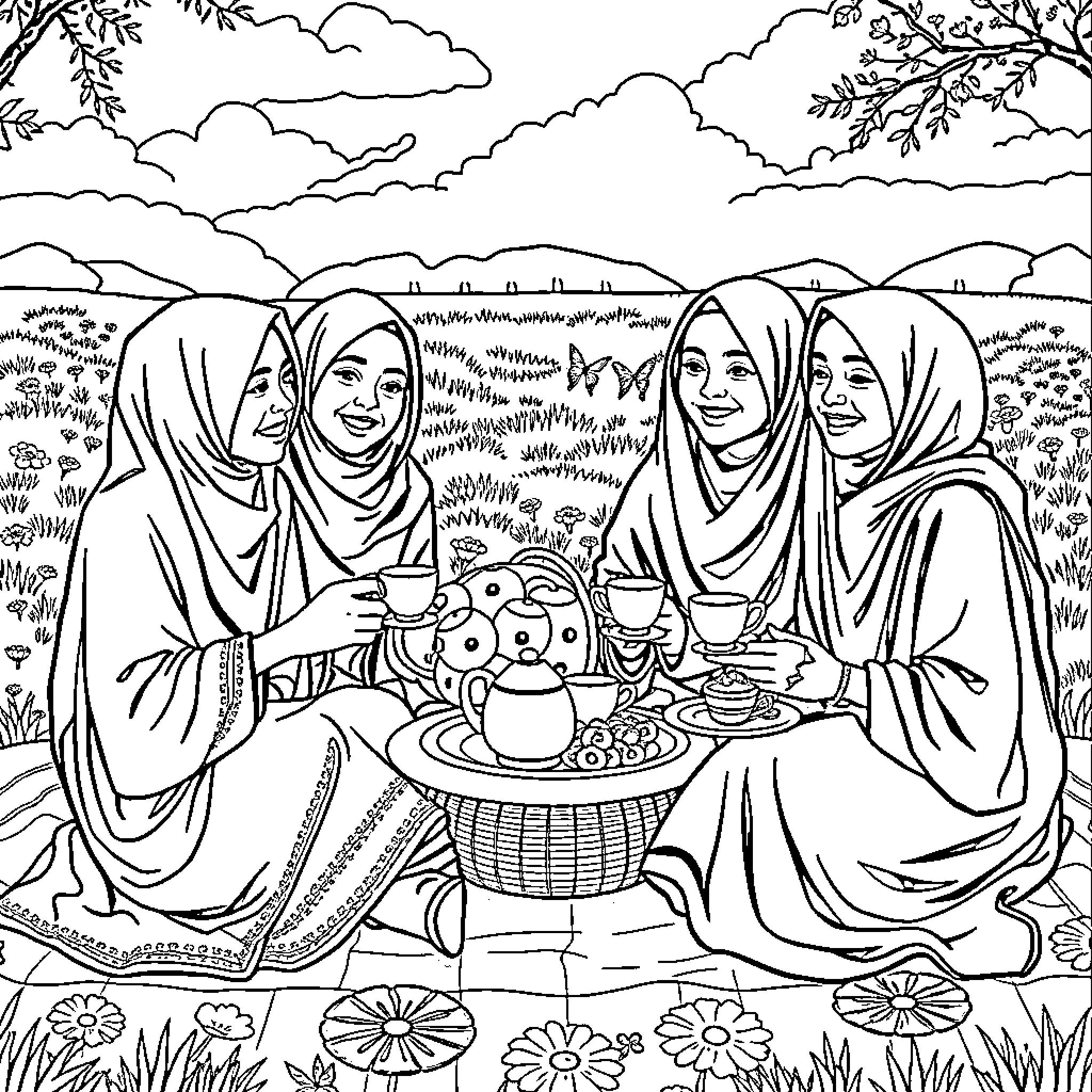 Girls having a picnic in a scenic outdoor setting Coloring Page (free black-and-white line drawing printable PDF for all, from beginners to advanced learners, including children, teens, adults, and seniors)