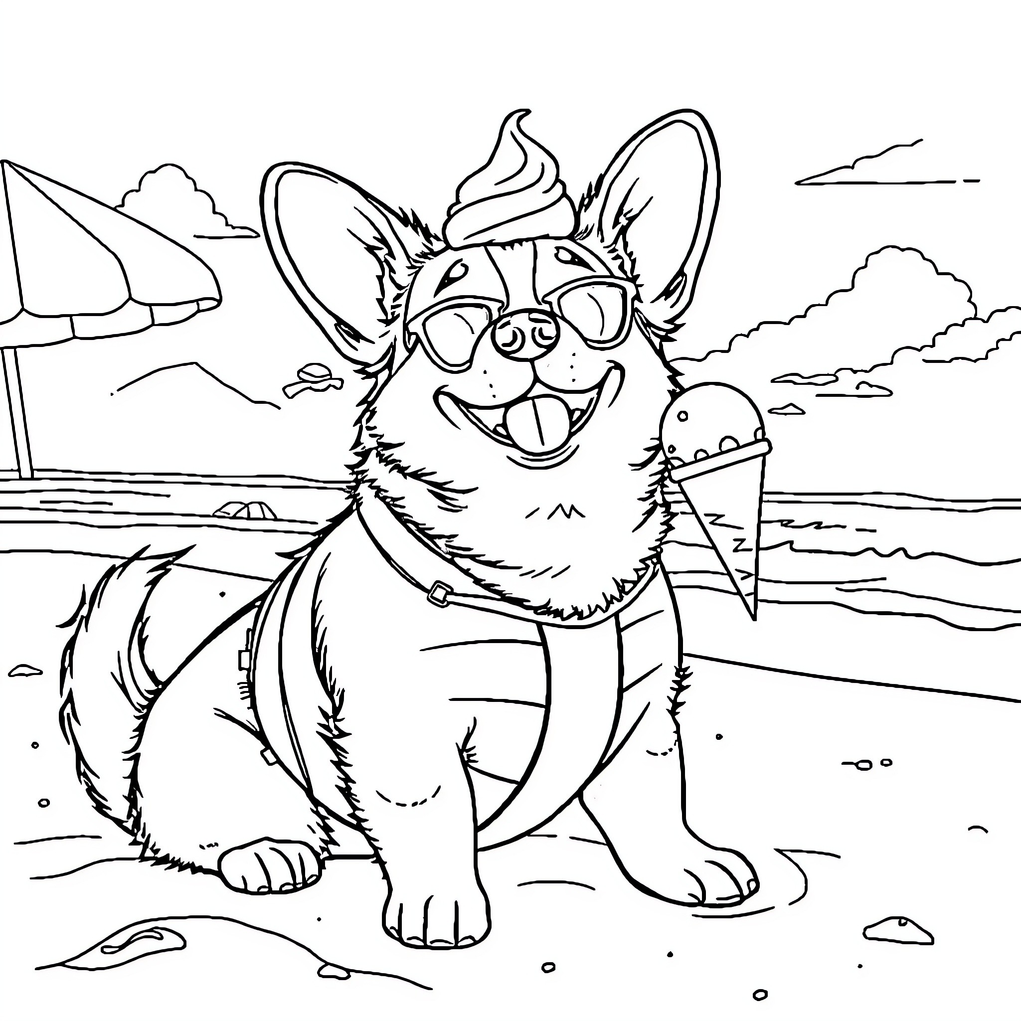 Corgi enjoying a day at the beach Coloring Page (free black-and-white line drawing printable PDF for all, from beginners to advanced learners, including children, teens, adults, and seniors)