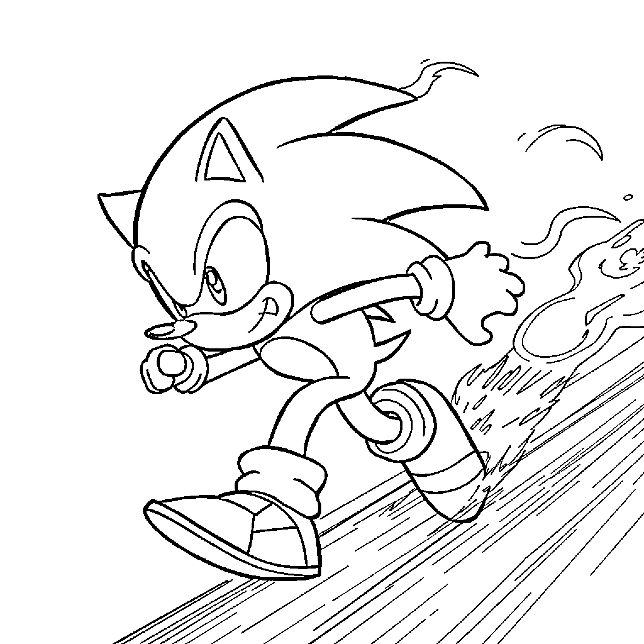 Sonic speeding through the landscape Coloring Page (free black-and-white line drawing printable PDF for all, from beginners to advanced learners, including children, teens, adults, and seniors)