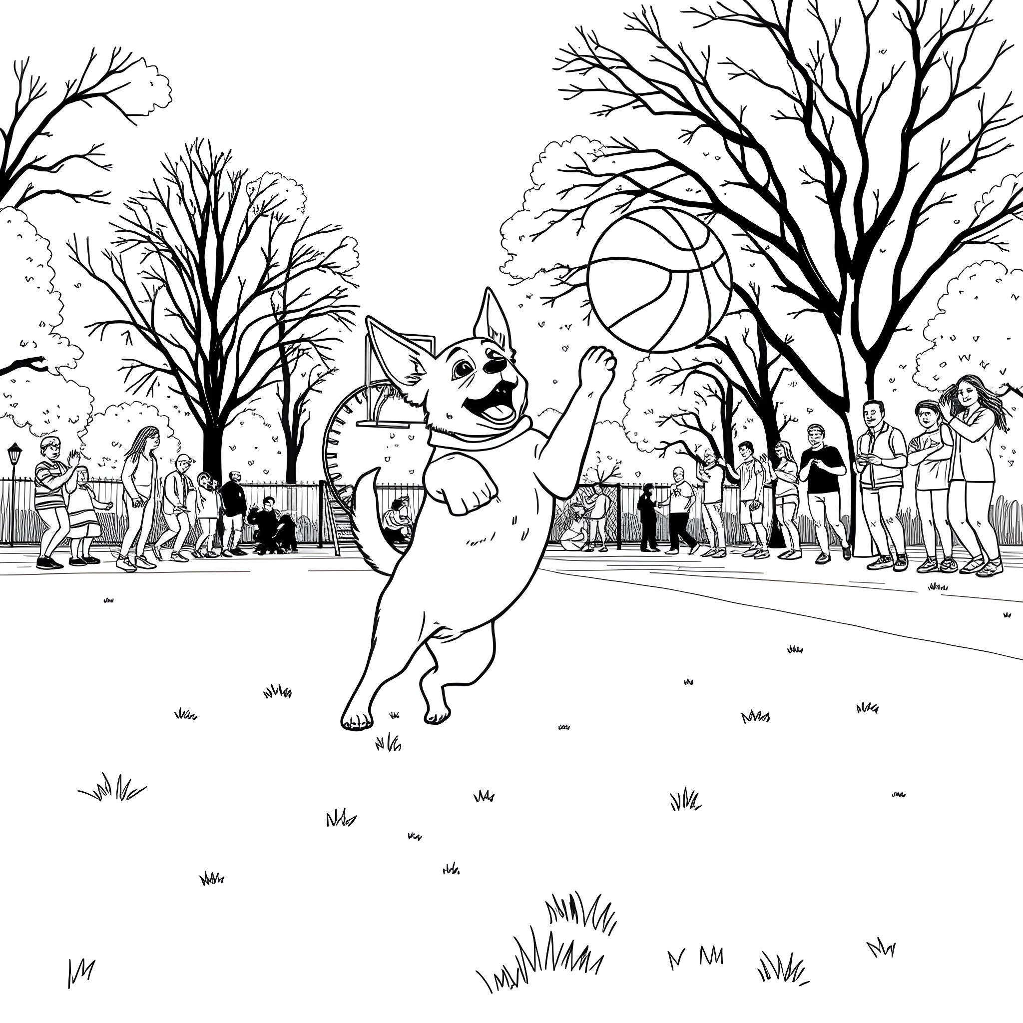 Dog playing with a beach ball in the park Coloring Page (free black-and-white line drawing printable PDF for all, from beginners to advanced learners, including children, teens, adults, and seniors)