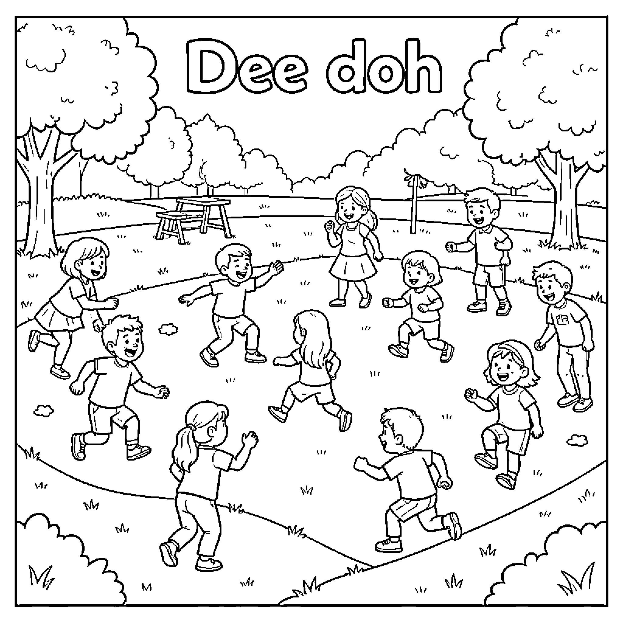 Dee Doh children playing together in an outdoor field Coloring Page (free black-and-white line drawing printable PDF for all, from beginners to advanced learners, including children, teens, adults, and seniors)