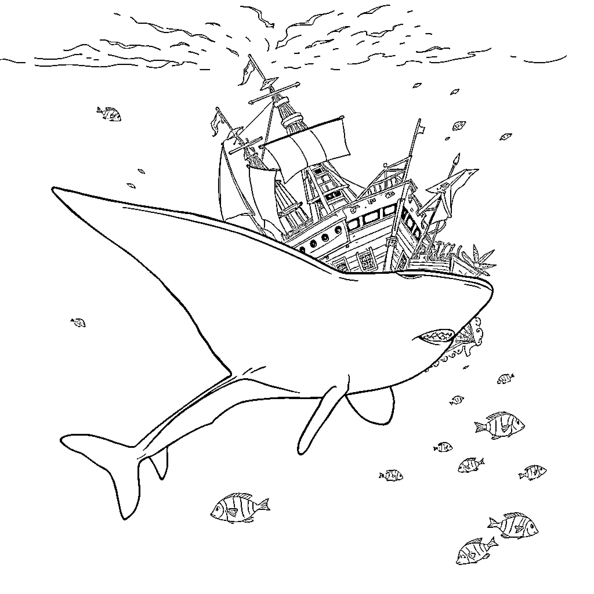 Manta Ray carrying a shipwreck with marine life Coloring Page (free black-and-white line drawing printable PDF for all, from beginners to advanced learners, including children, teens, adults, and seniors)