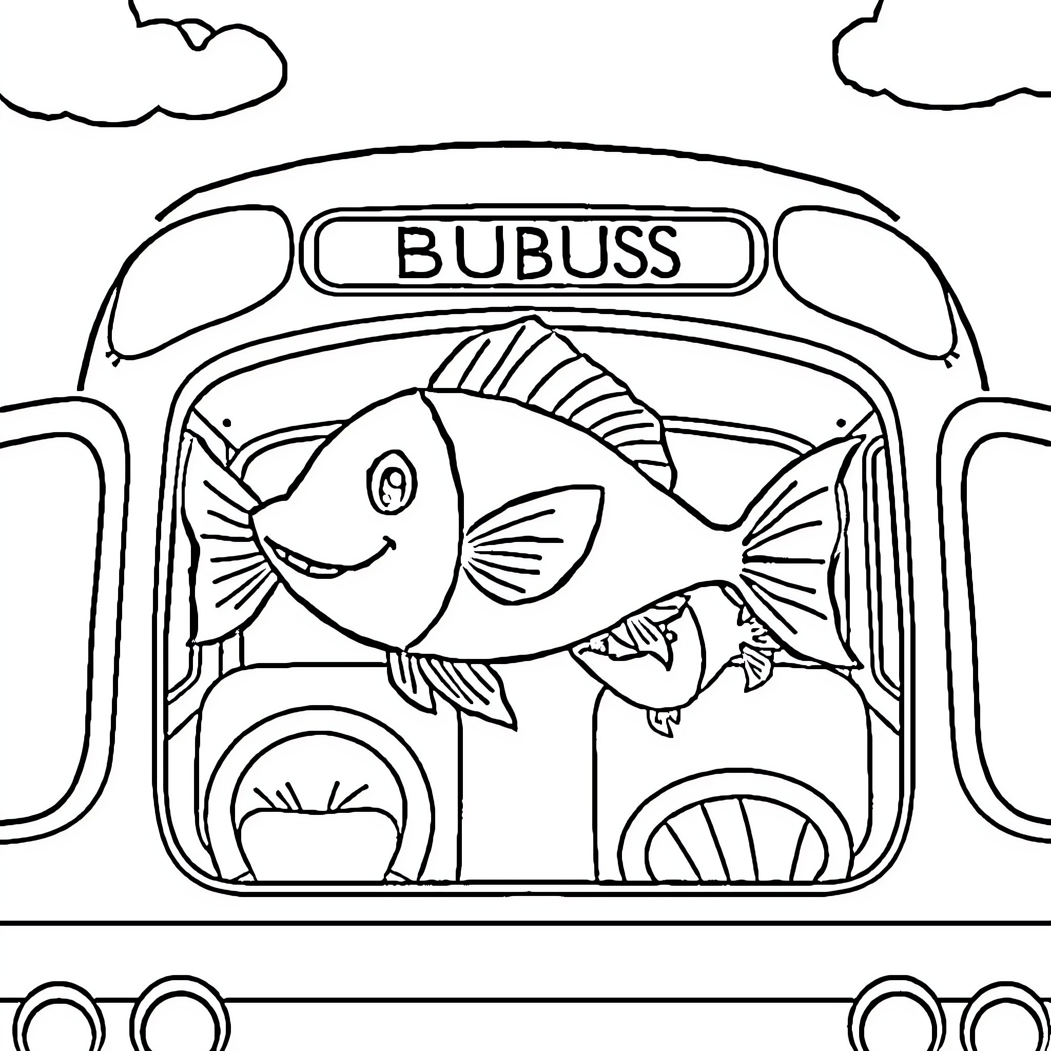 Fish riding a bus Coloring Page (free black-and-white line drawing printable PDF for all, from beginners to advanced learners, including children, teens, adults, and seniors)