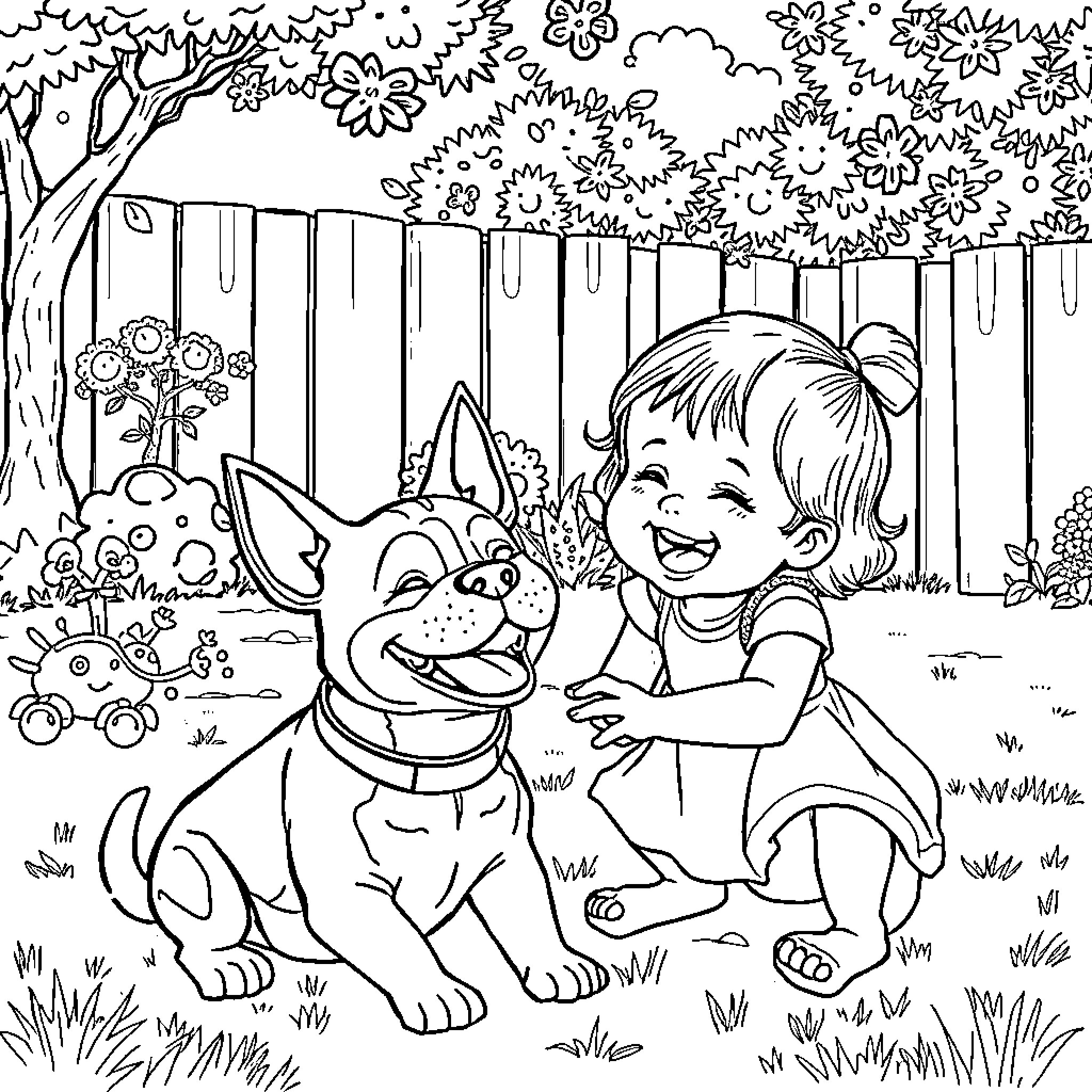 Baby playing joyfully with loyal dog in garden Coloring Page (free black-and-white line drawing printable PDF for all, from beginners to advanced learners, including children, teens, adults, and seniors)