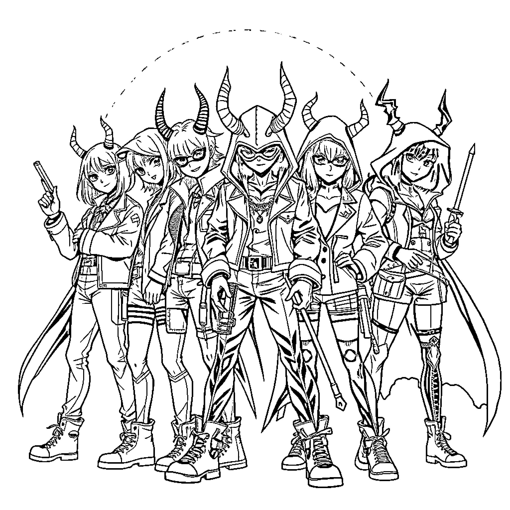 Demon Hunters in Fierce Attire Wielding Weapons Coloring Page (free black-and-white line drawing printable PDF for all, from beginners to advanced learners, including children, teens, adults, and seniors)