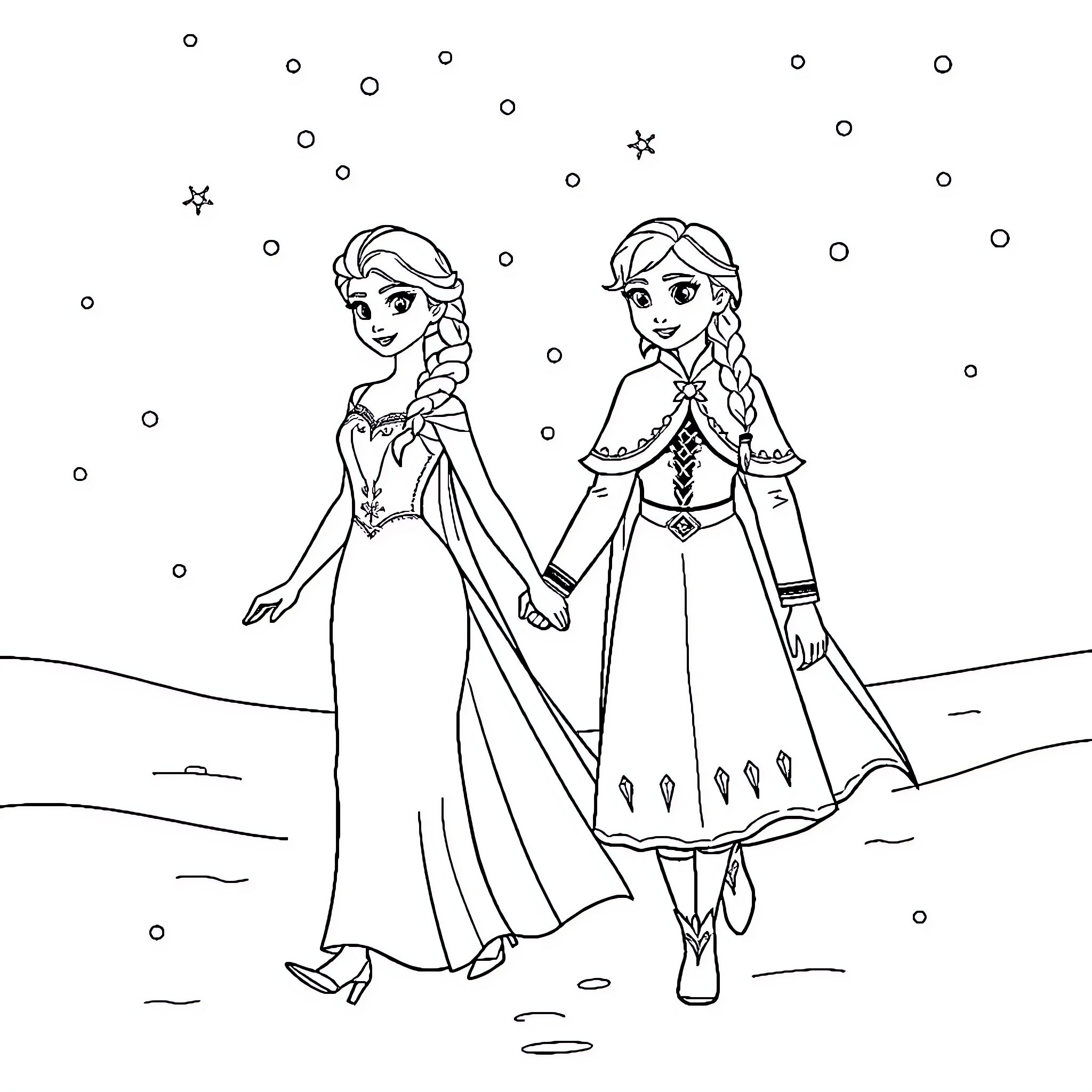 Elsa and Anna explore the snowy landscape Coloring Page (free black-and-white line drawing printable PDF for all, from beginners to advanced learners, including children, teens, adults, and seniors)
