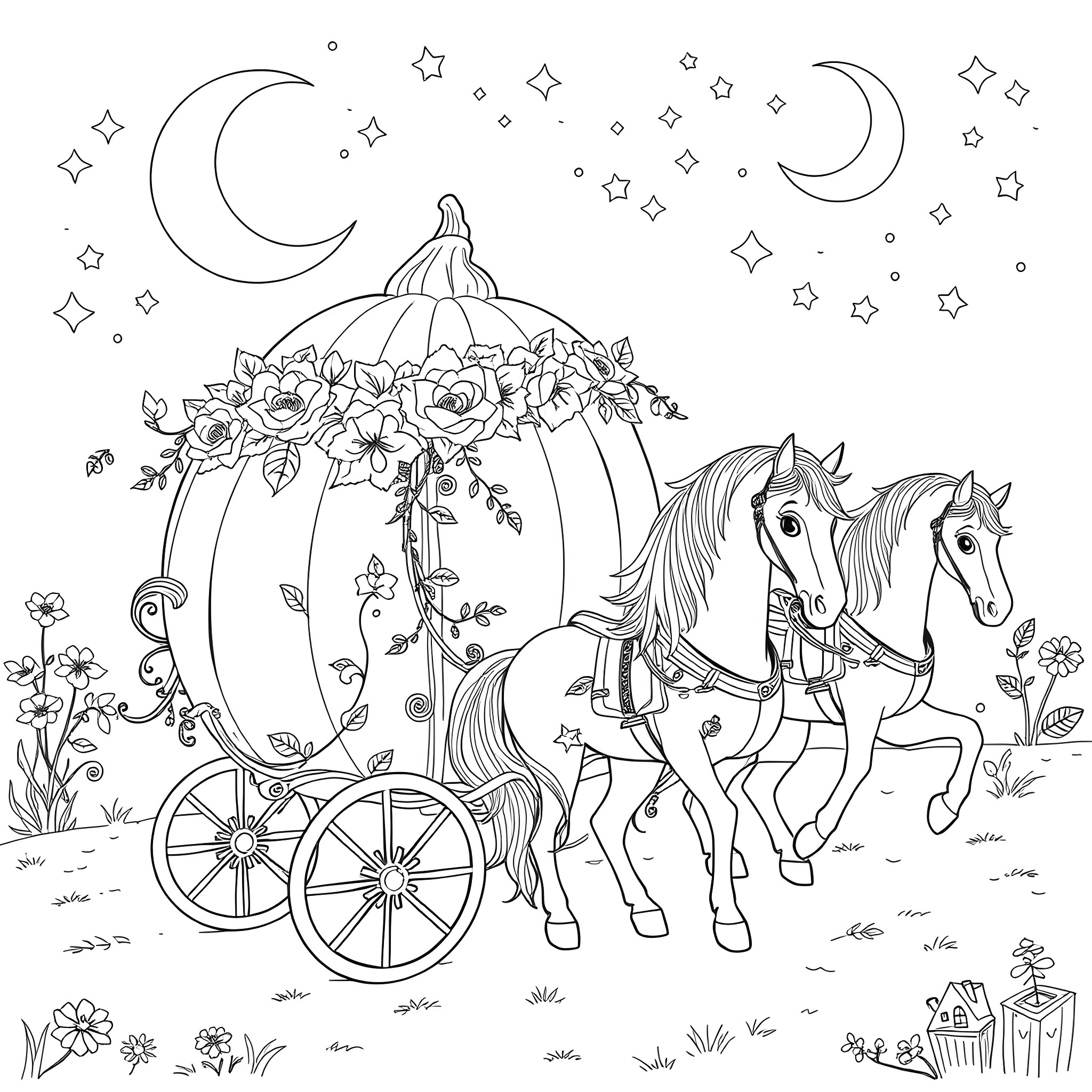 Pumpkin carriage drawn by magical horses under the starry night Coloring Page (free black-and-white line drawing printable PDF for all, from beginners to advanced learners, including children, teens, adults, and seniors)