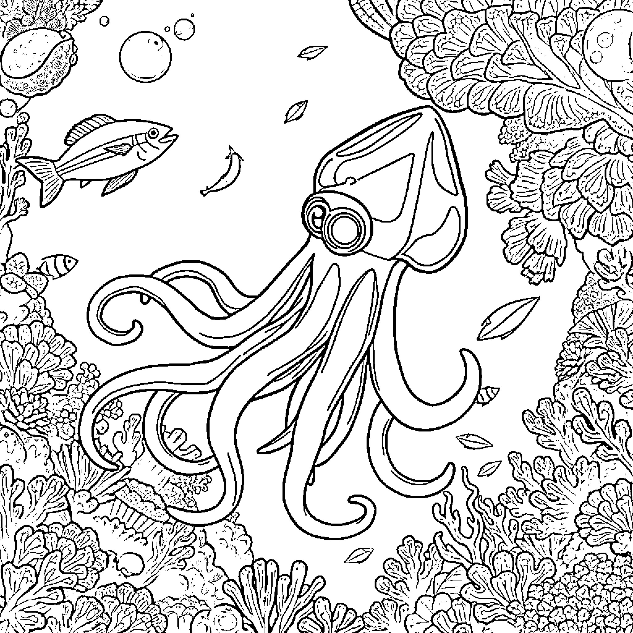 Squid exploring the vibrant underwater world Coloring Page (free black-and-white line drawing printable PDF for all, from beginners to advanced learners, including children, teens, adults, and seniors)