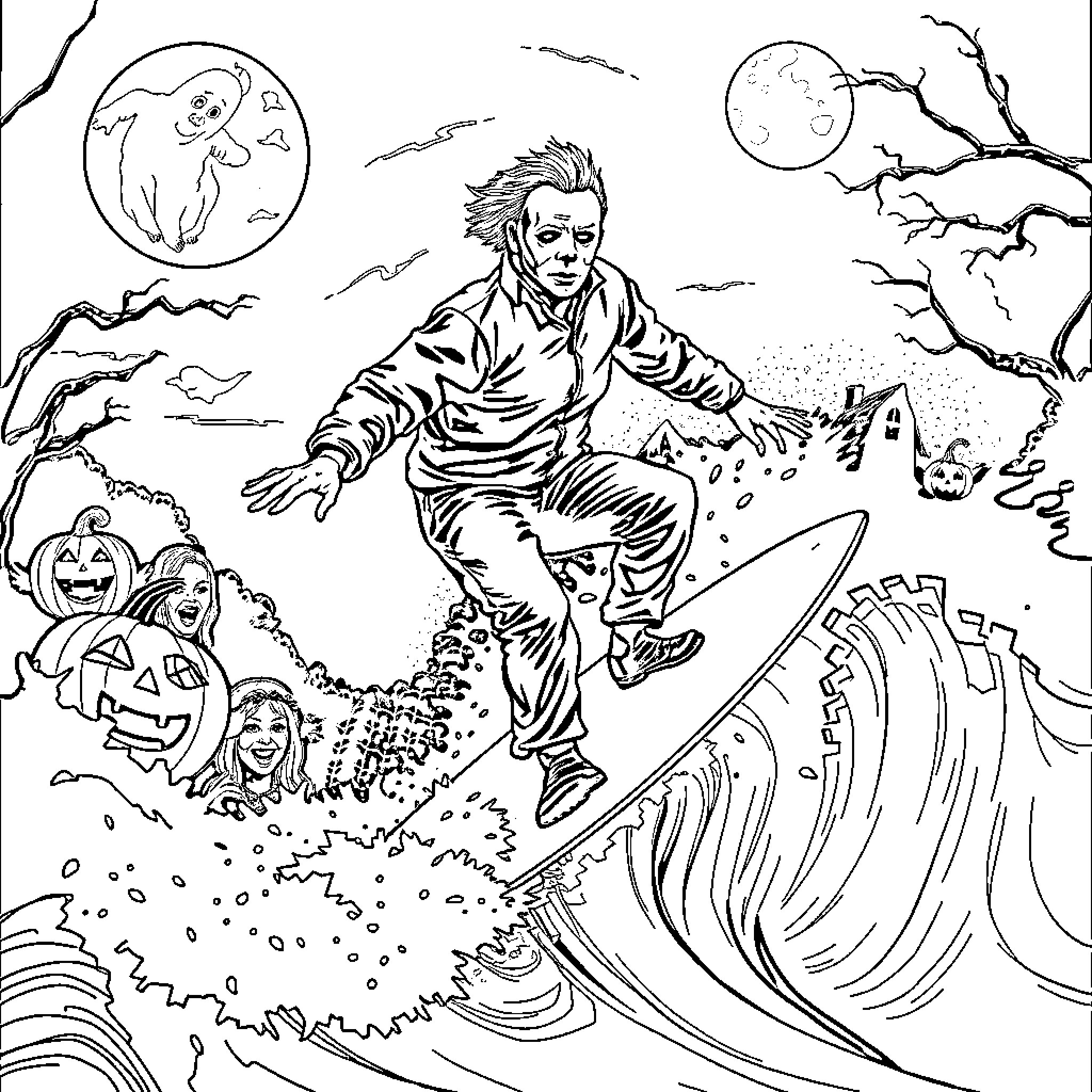 Michael Myers' Terrifying Halloween Encounter Coloring Page (free black-and-white line drawing printable PDF for all, from beginners to advanced learners, including children, teens, adults, and seniors)