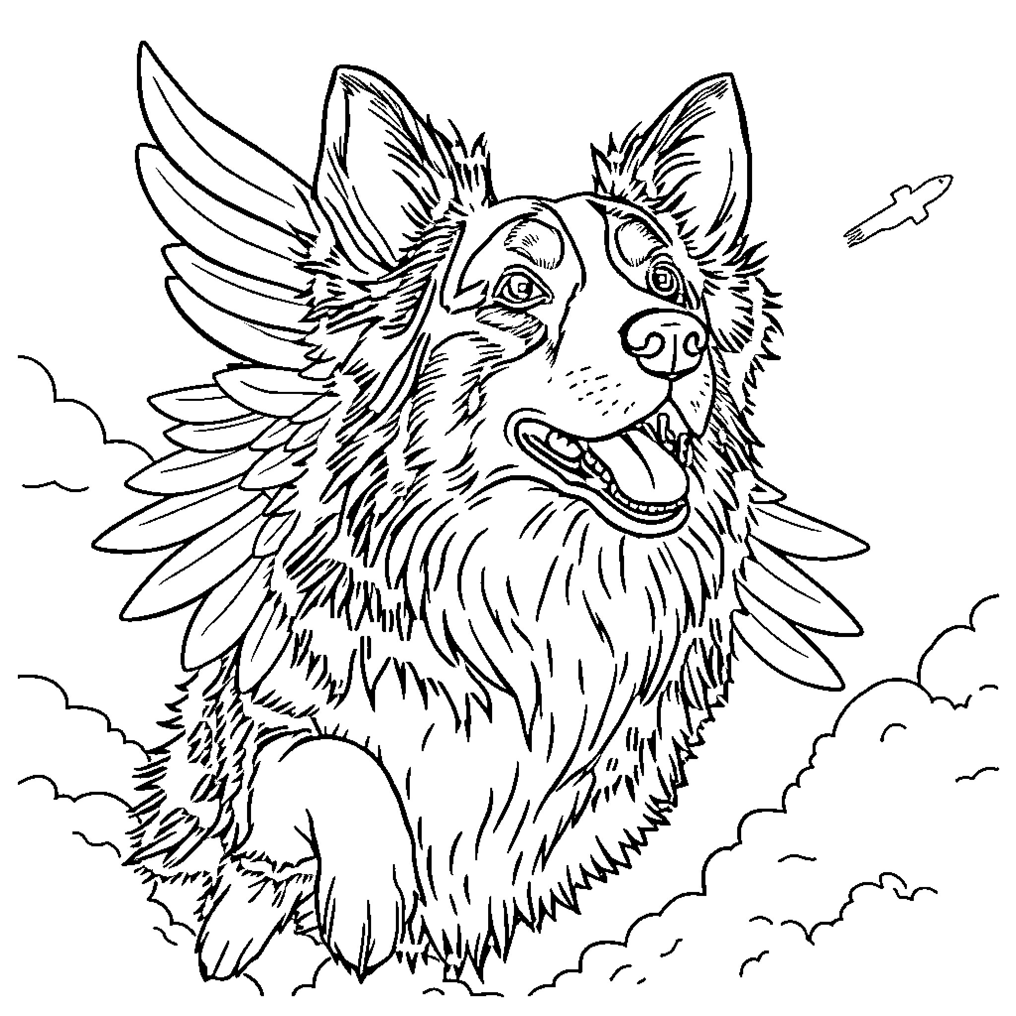Australian Shepherd with Angelic Wings in the Sky Coloring Page (free black-and-white line drawing printable PDF for all, from beginners to advanced learners, including children, teens, adults, and seniors)