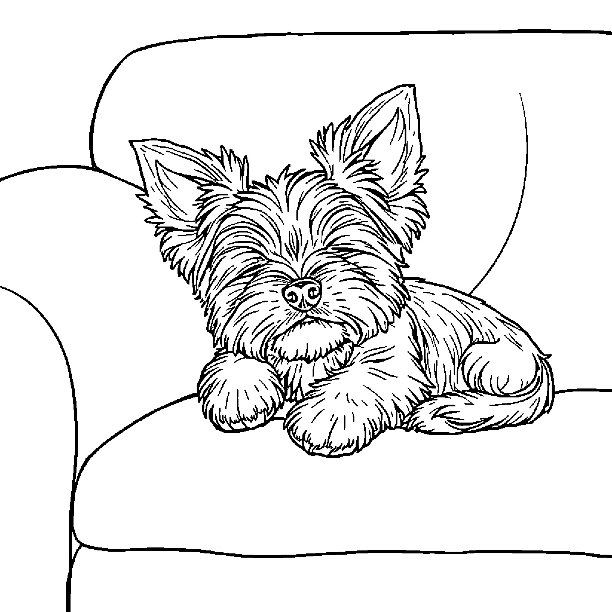 Yorkie curled up comfortably on a couch Coloring Page (free black-and-white line drawing printable PDF for all, from beginners to advanced learners, including children, teens, adults, and seniors)