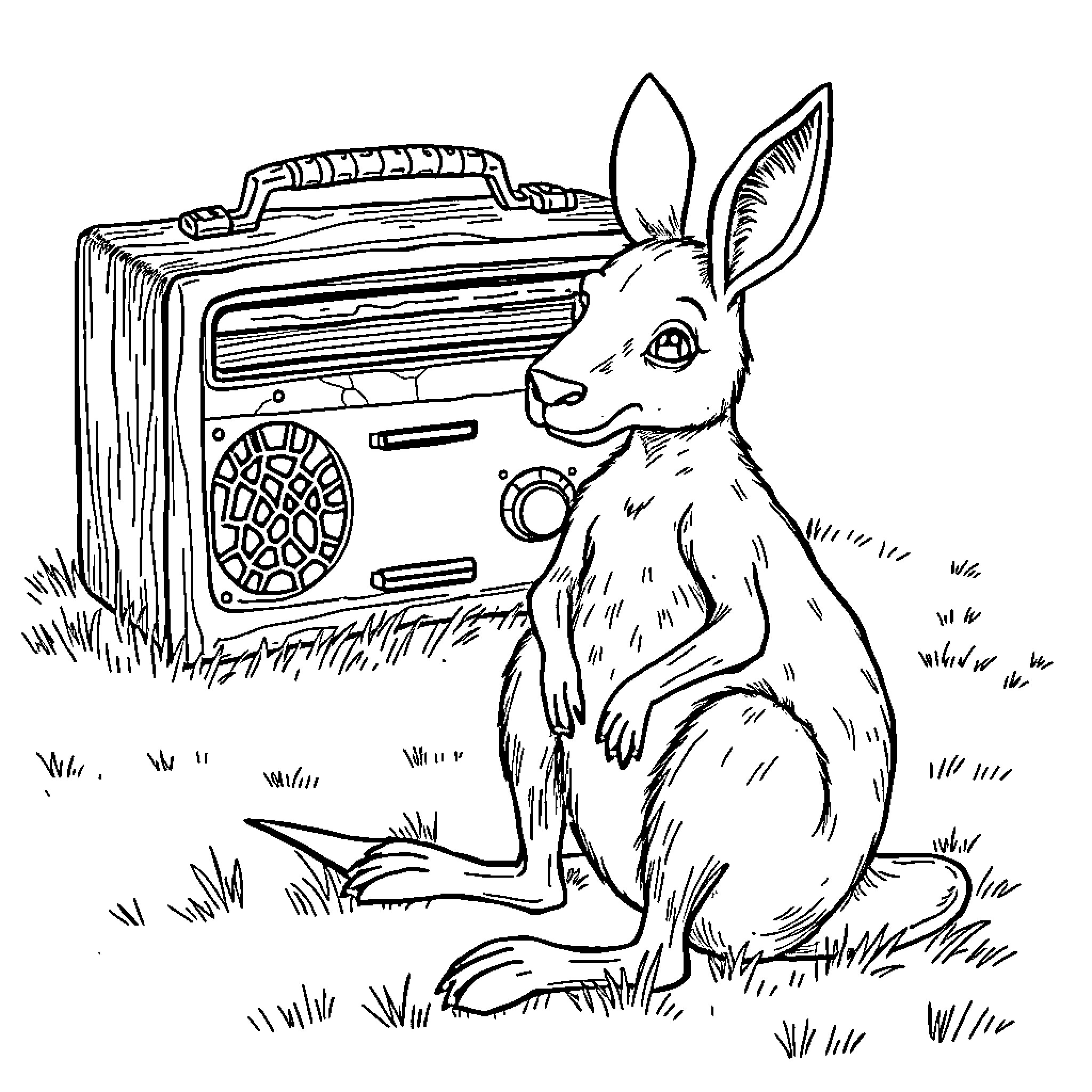 Kangaroo listening to retro radio in the grass Coloring Page (free black-and-white line drawing printable PDF for all, from beginners to advanced learners, including children, teens, adults, and seniors)