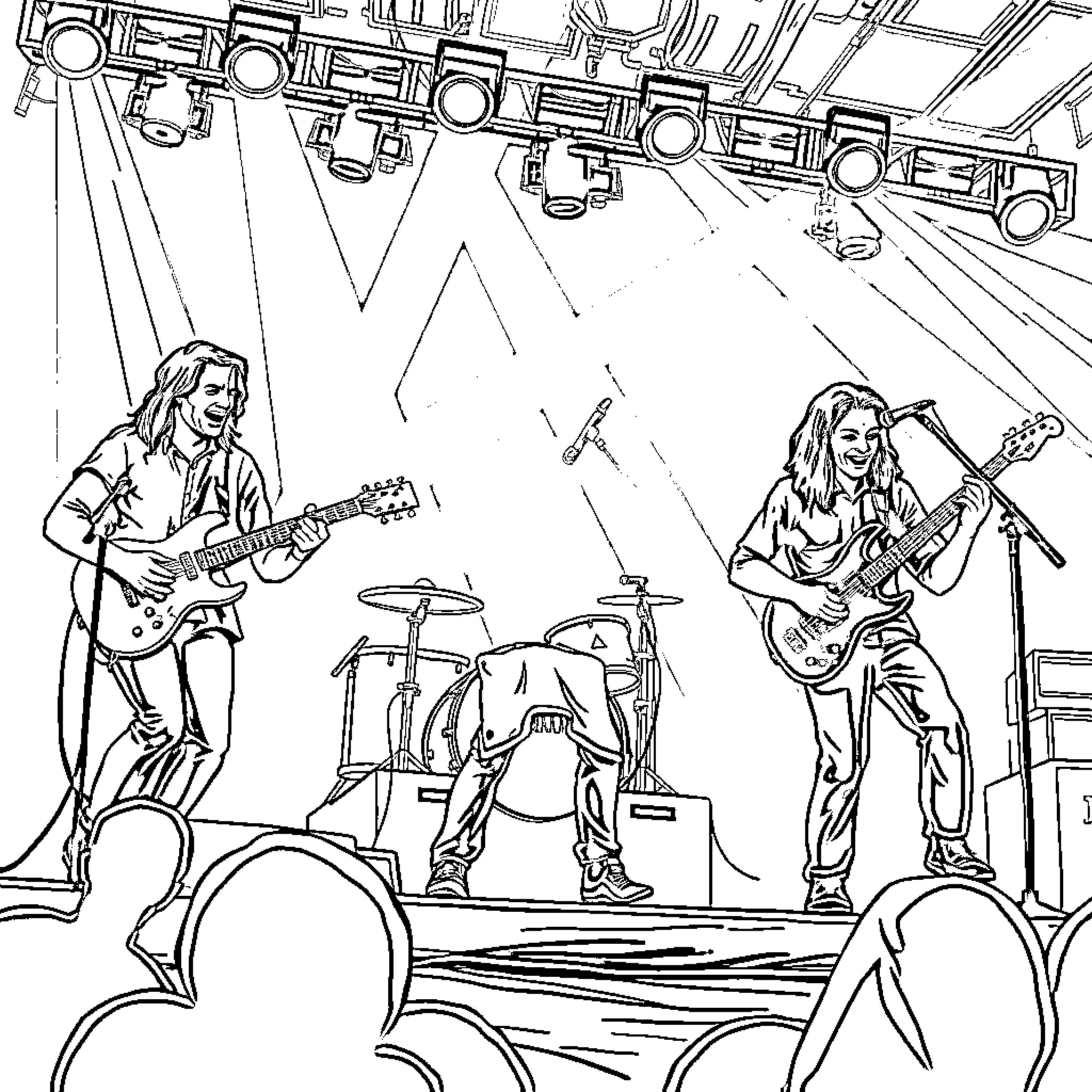 Band performing energetically on stage Coloring Page (free black-and-white line drawing printable PDF for all, from beginners to advanced learners, including children, teens, adults, and seniors)