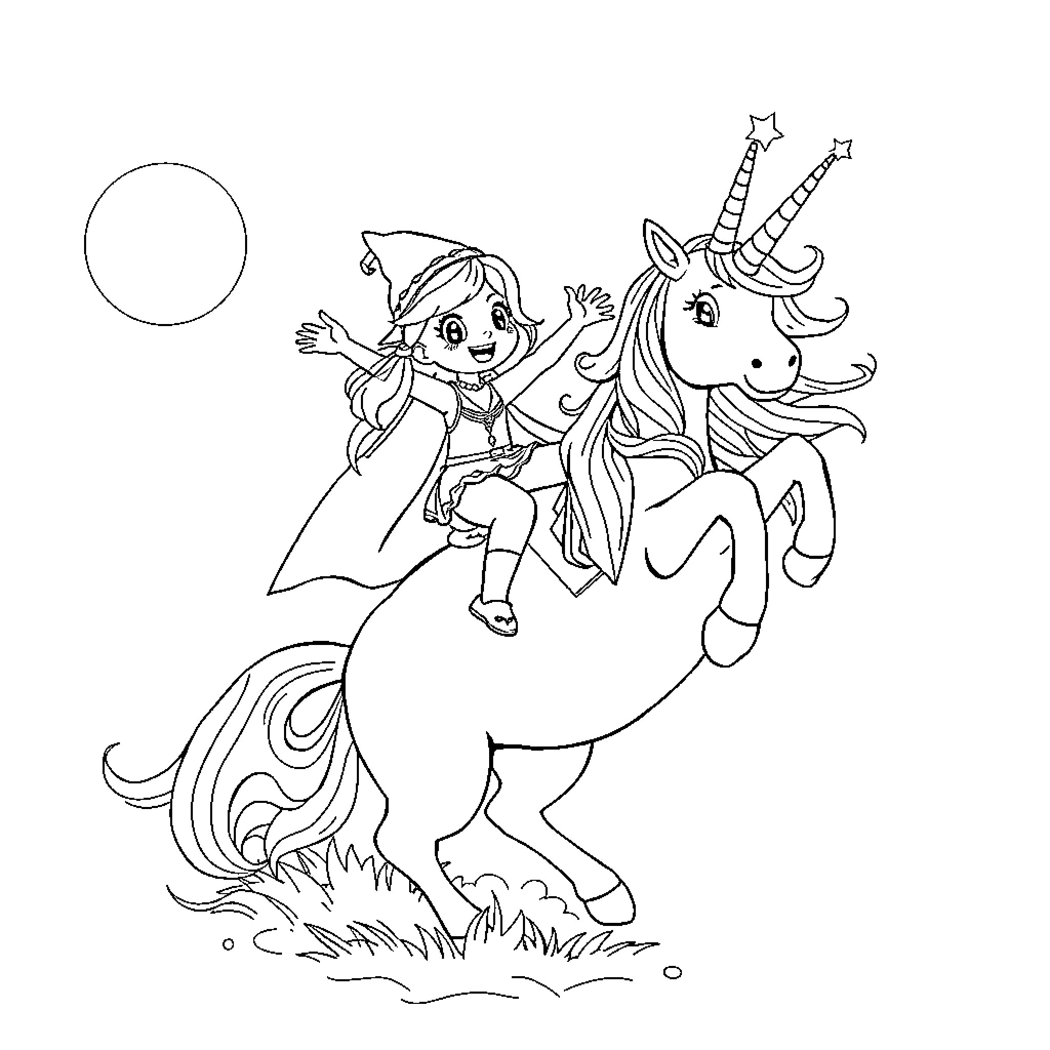 Bluey riding a magical unicorn Coloring Page (free black-and-white line drawing printable PDF for all, from beginners to advanced learners, including children, teens, adults, and seniors)