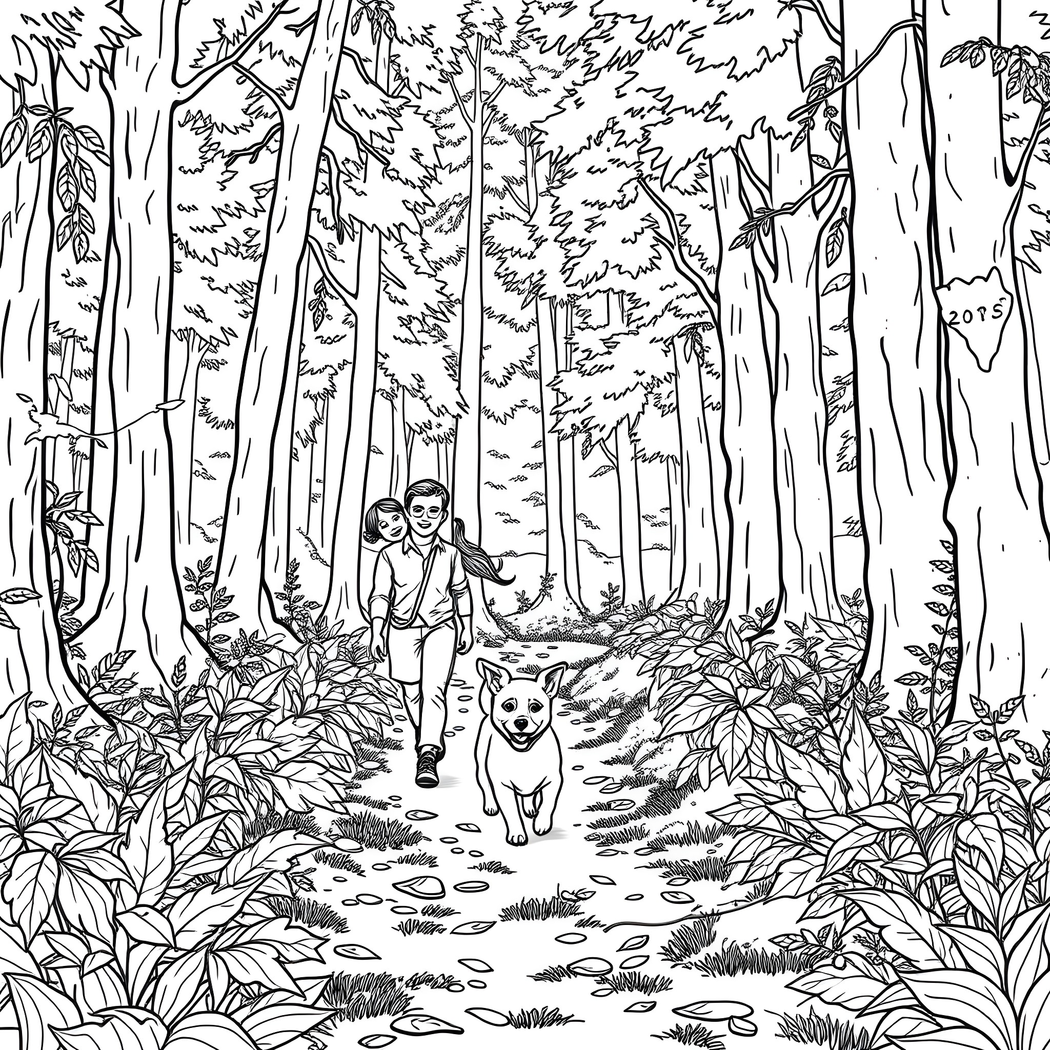 Family Adventure in the Enchanted Forest Coloring Page (free black-and-white line drawing printable PDF for all, from beginners to advanced learners, including children, teens, adults, and seniors)